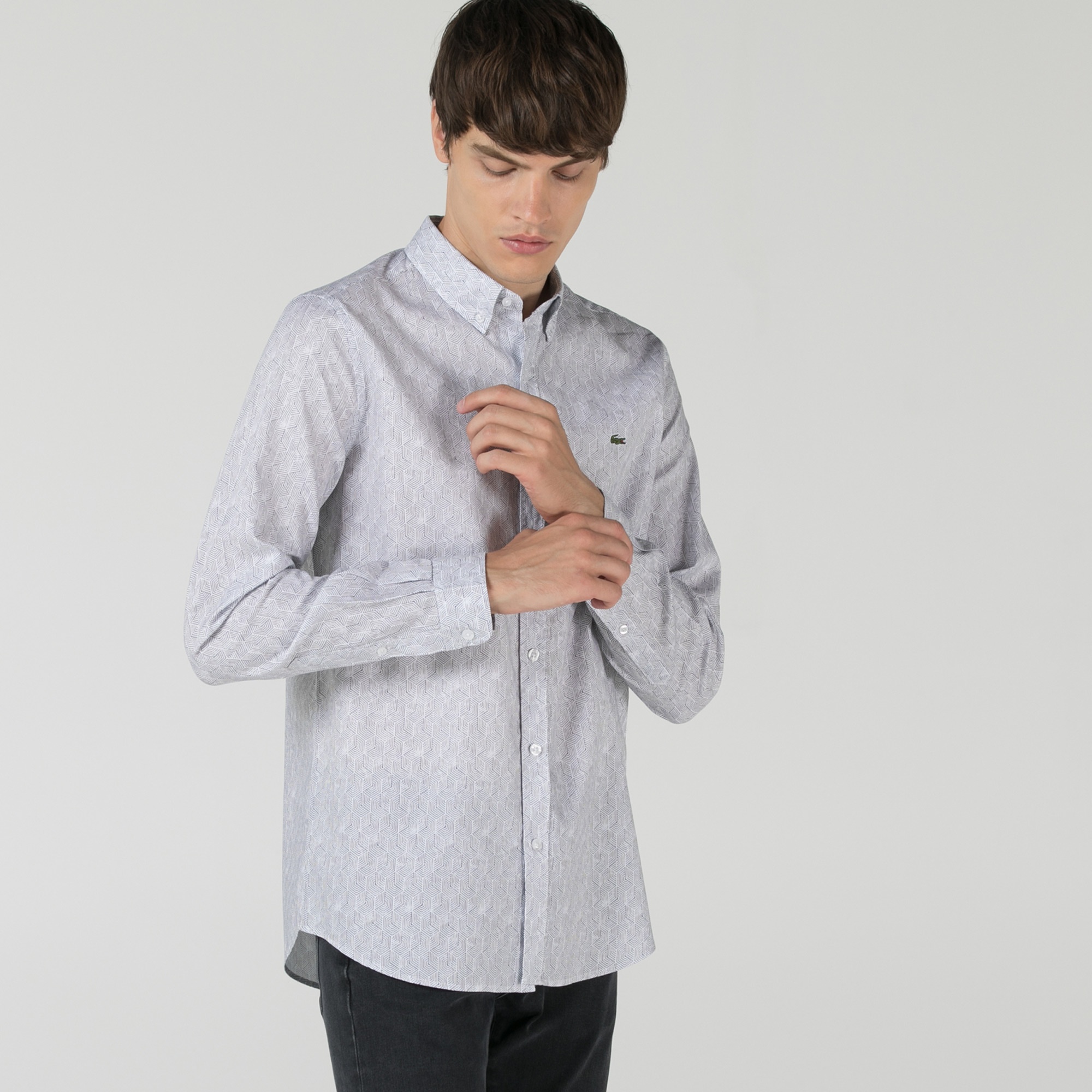 Lacoste Erkek Slim Fit Desenli Açık Gri Gömlek