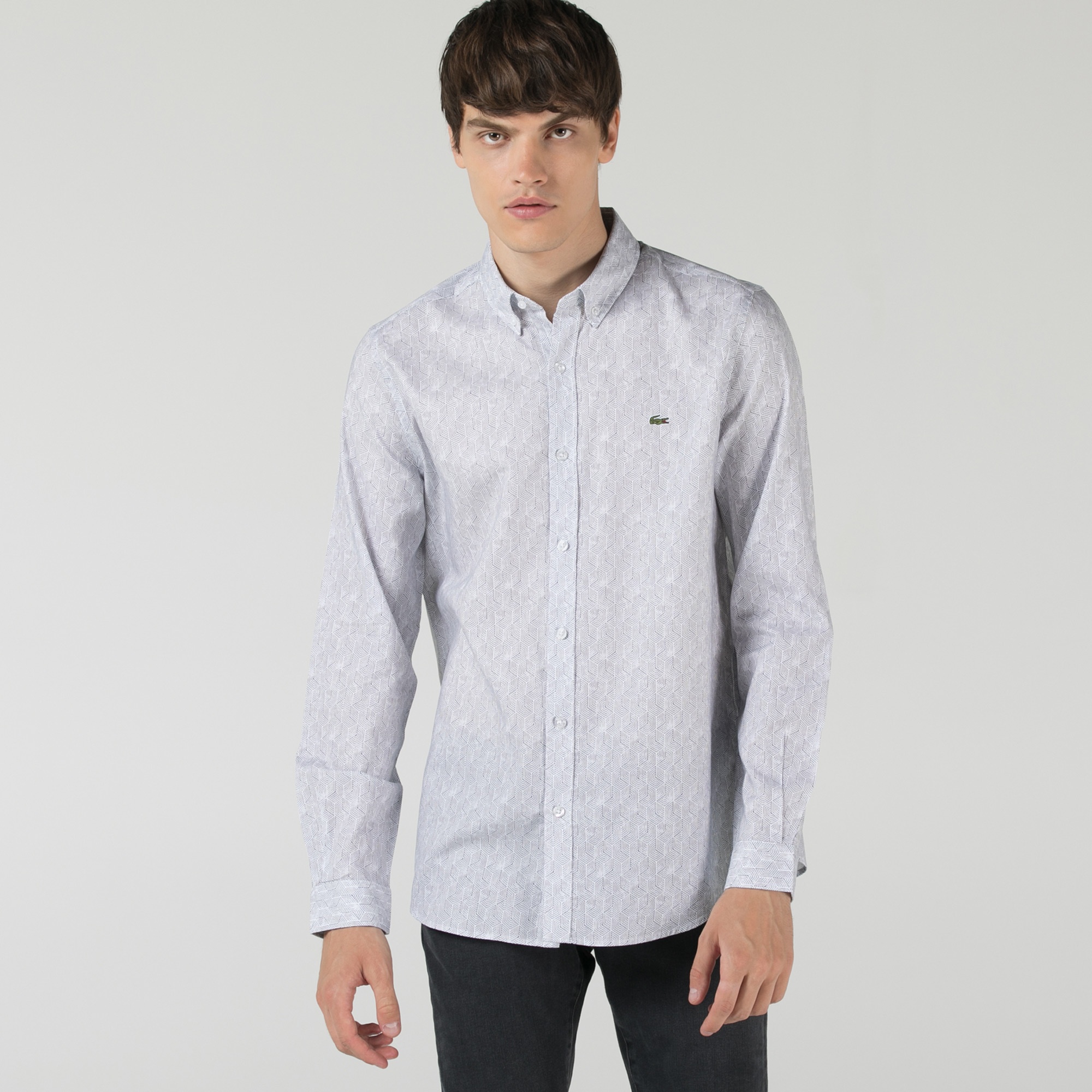 Lacoste Erkek Slim Fit Desenli Açık Gri Gömlek