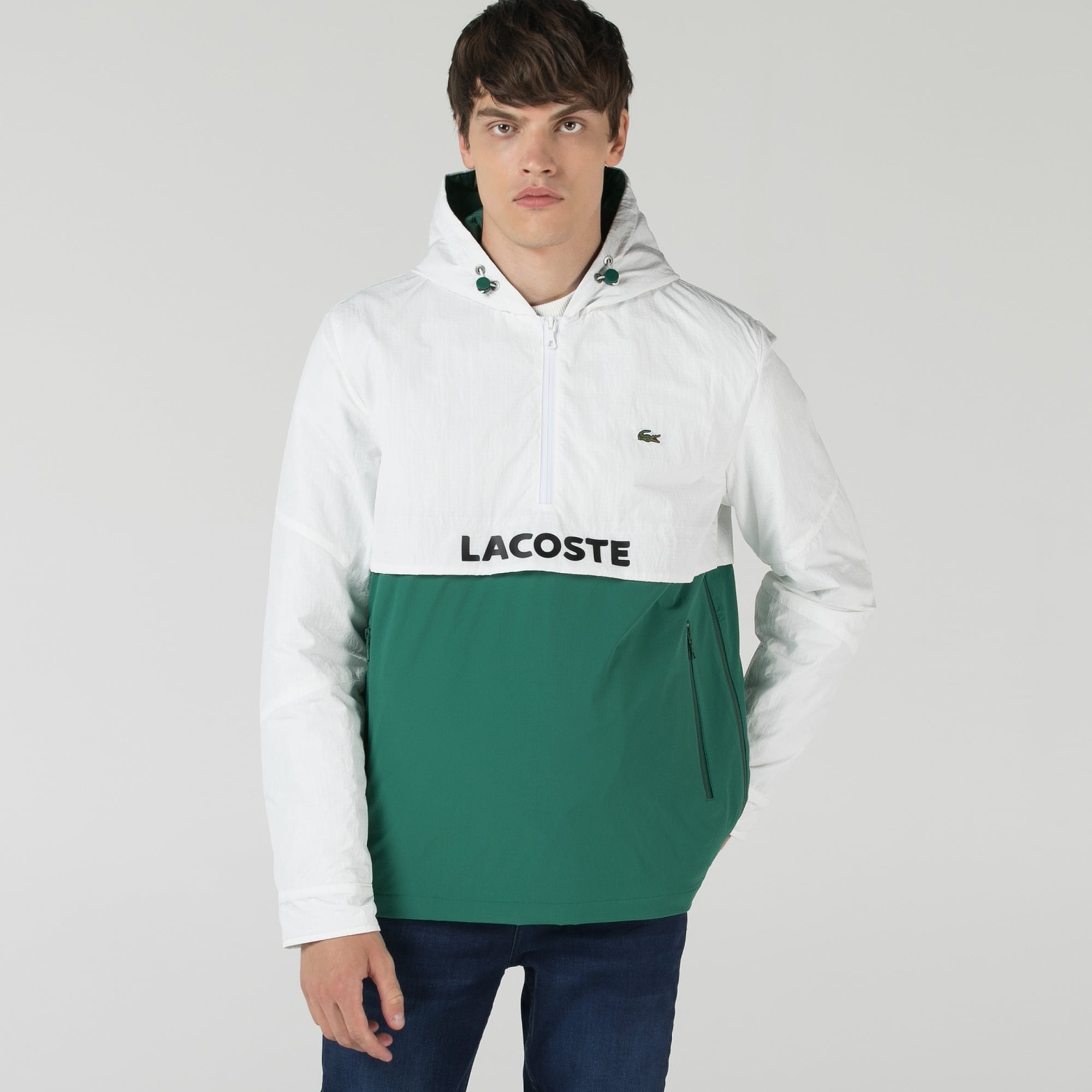 Lacoste Erkek Kapüşonlu Renk Bloklu Beyaz Mont