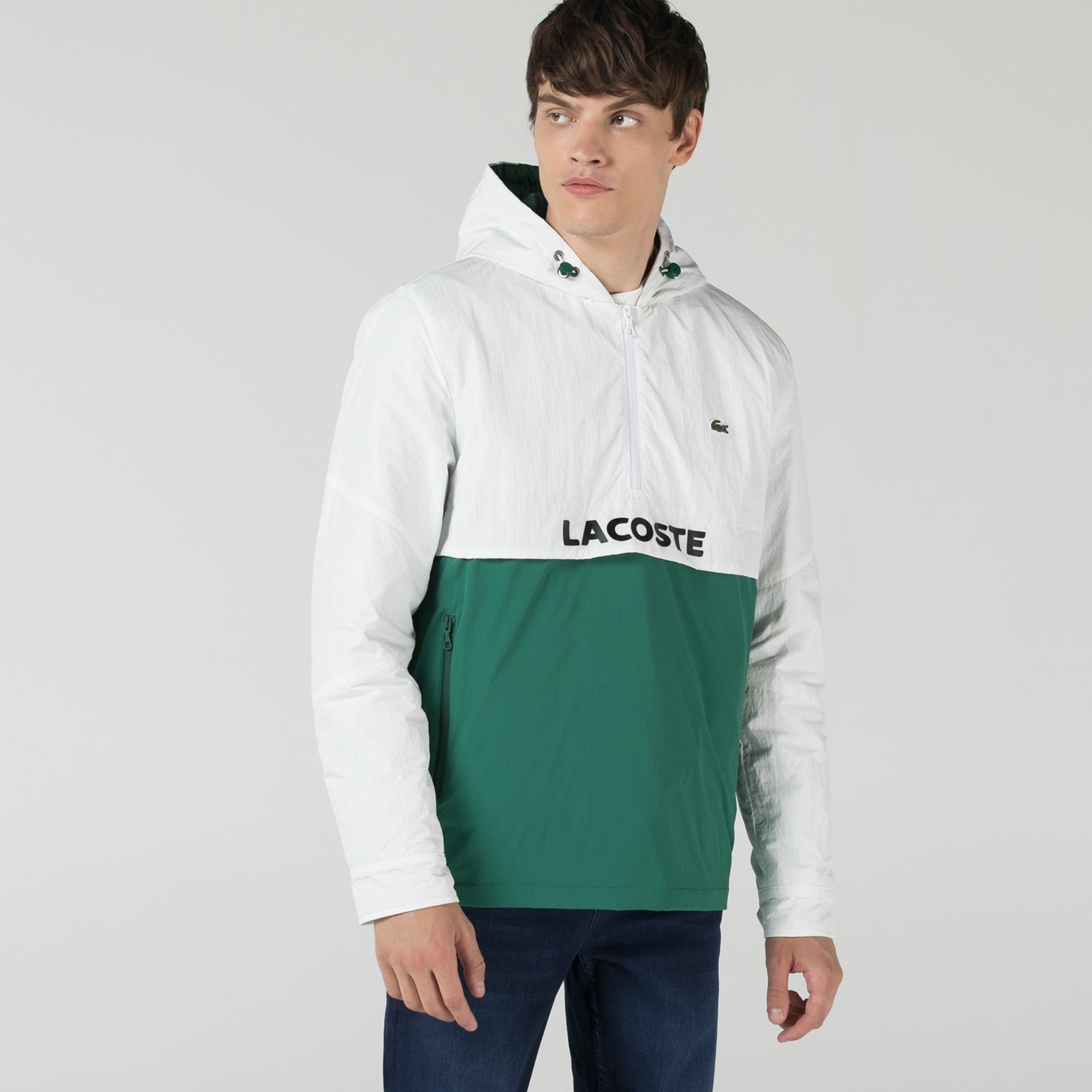Lacoste Erkek Kapüşonlu Renk Bloklu Beyaz Mont