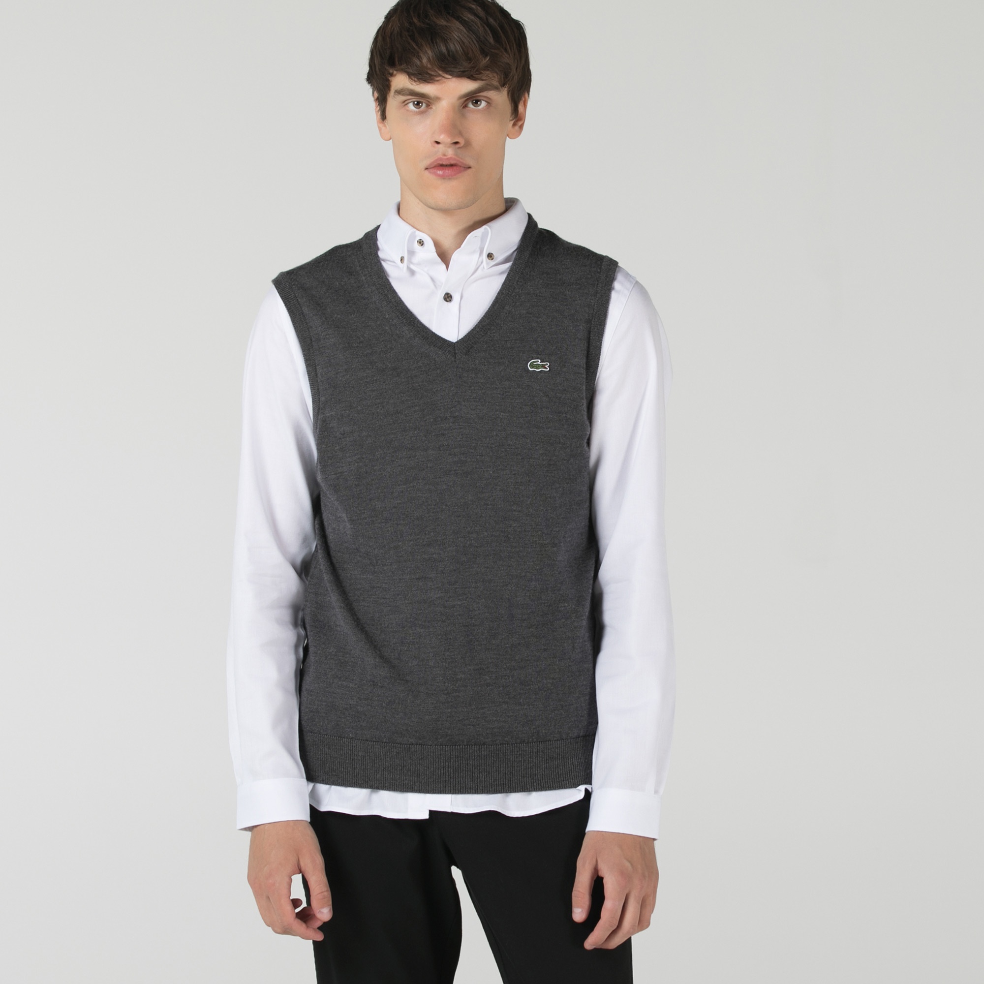 Lacoste Erkek Classic Fit V Yaka Yün Gri Süveter