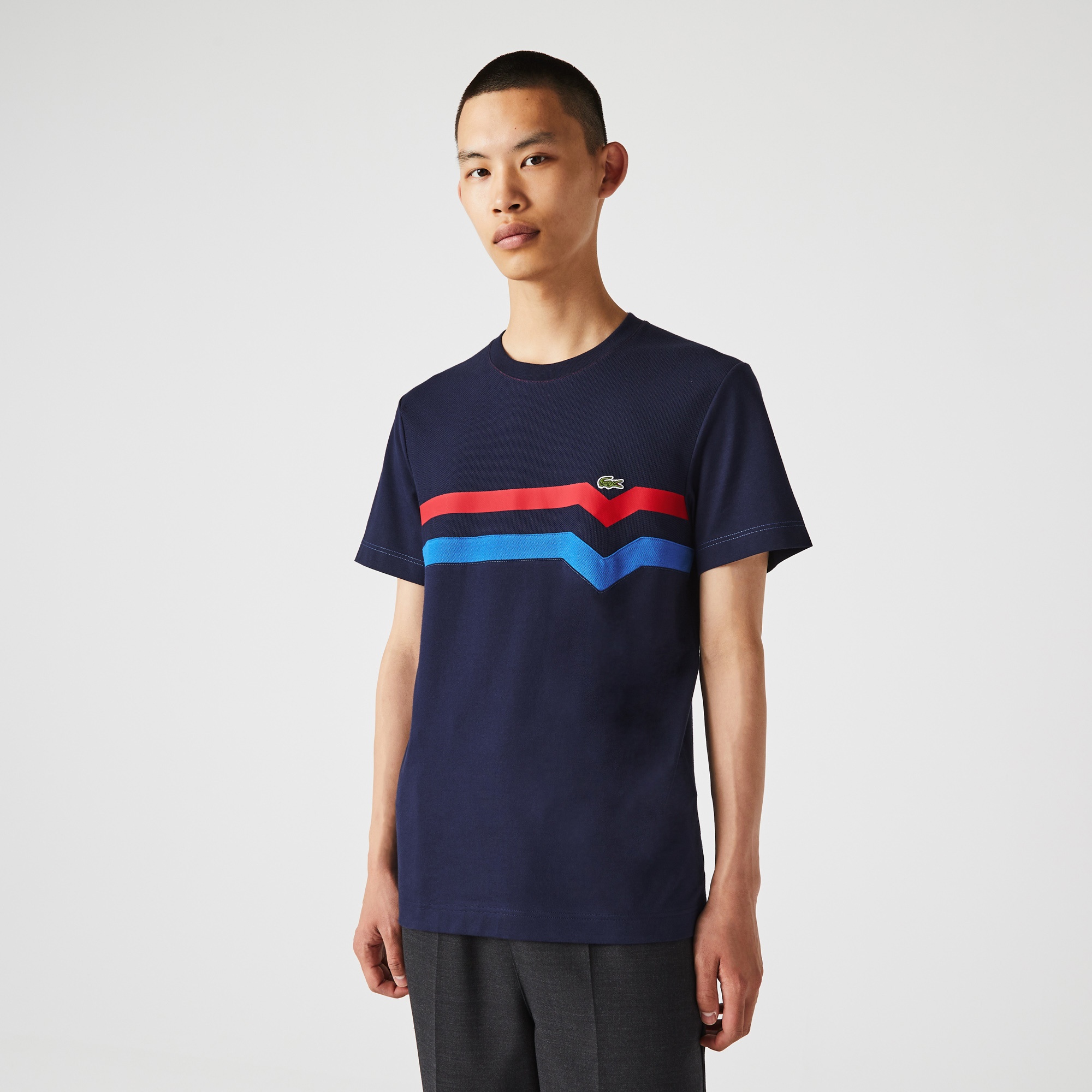 Lacoste Erkek Regular Fit Bisiklet Yaka Çizgili Lacivert T-Shirt