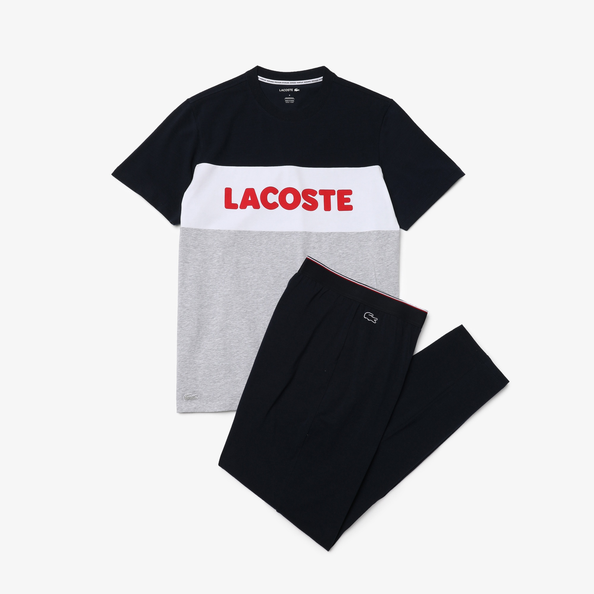 Lacoste Erkek Bisiklet Yaka Renk Bloklu Lacivert Pijama Takımı