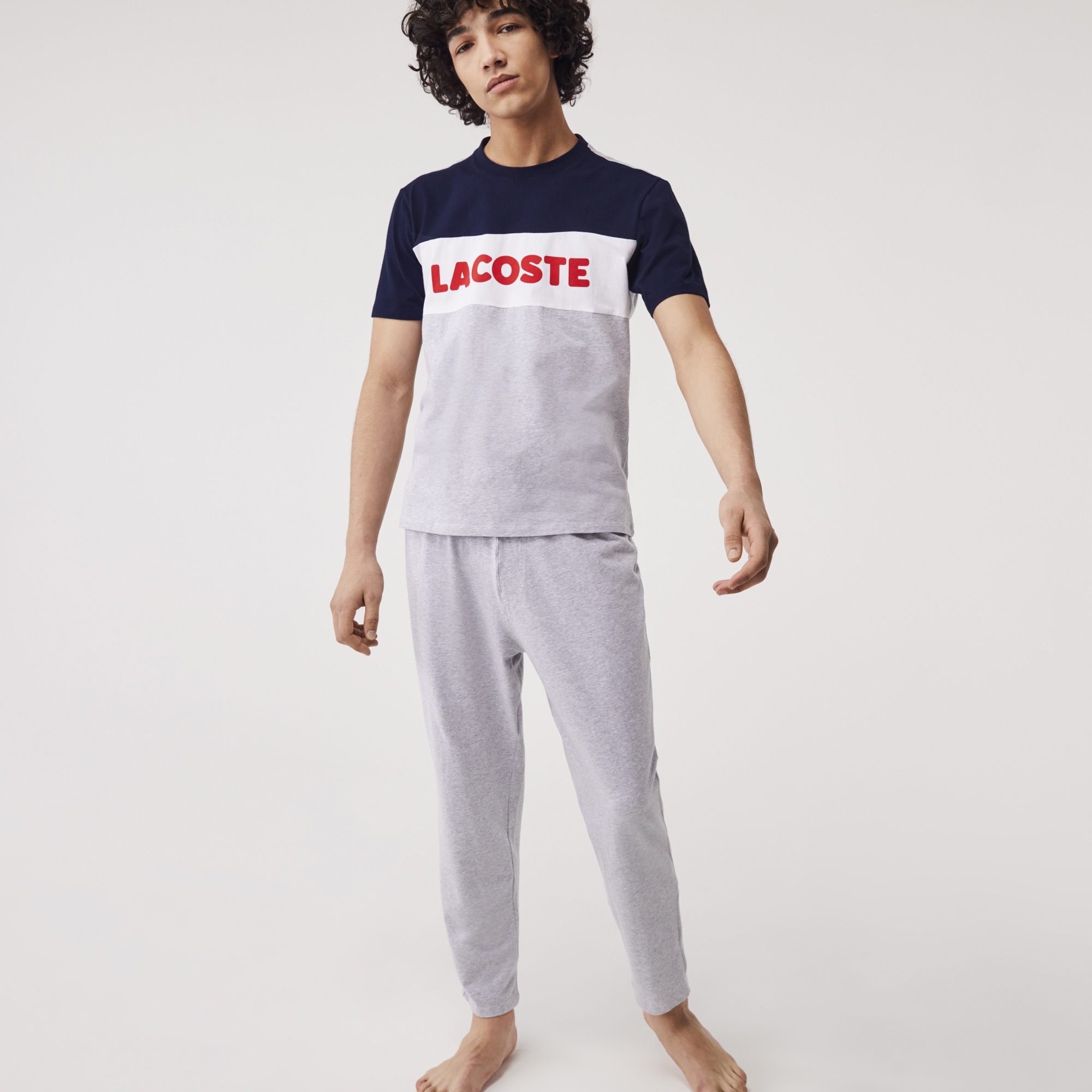Lacoste Erkek Bisiklet Yaka Renk Bloklu Lacivert Pijama Takımı