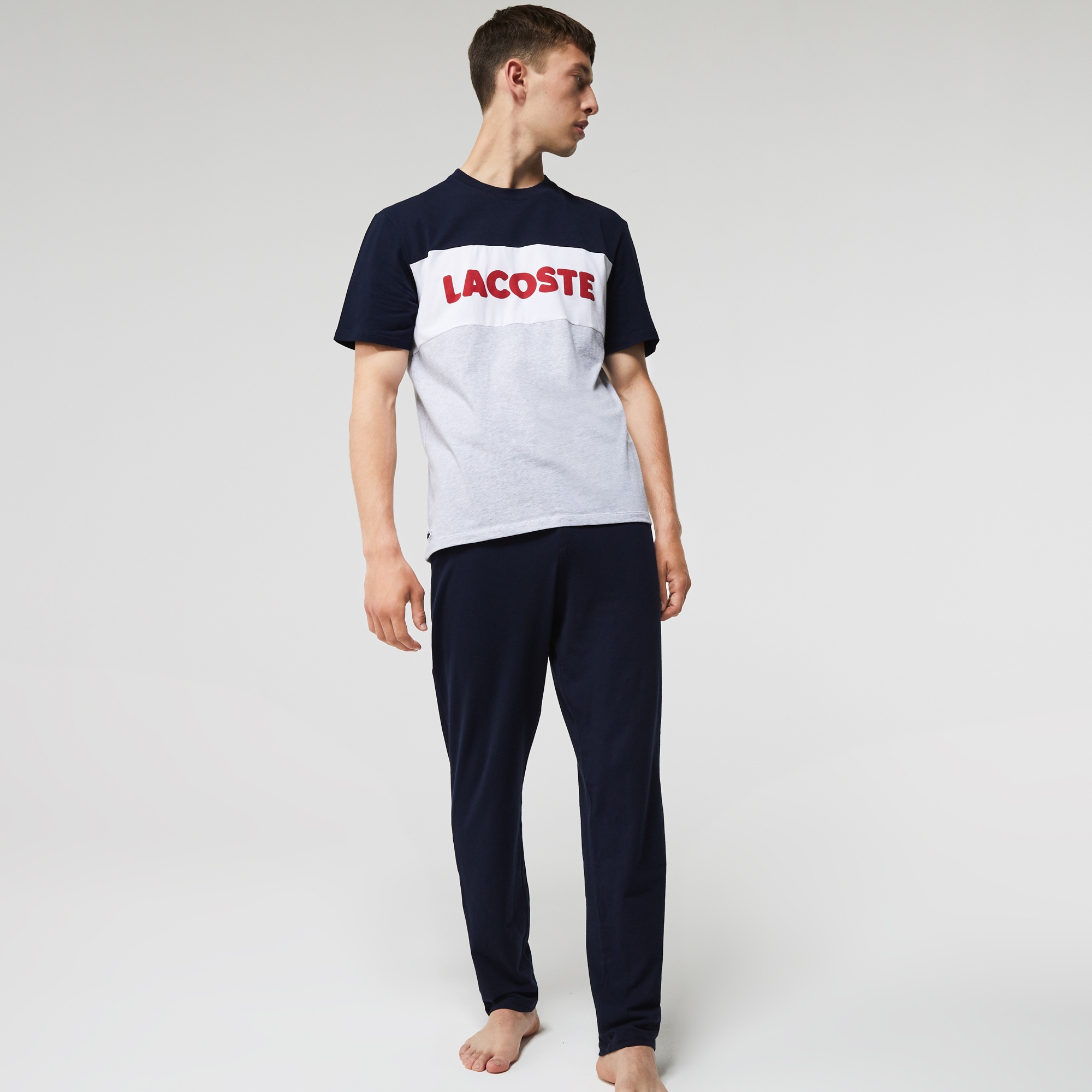 Lacoste Erkek Bisiklet Yaka Renk Bloklu Lacivert Pijama Takımı