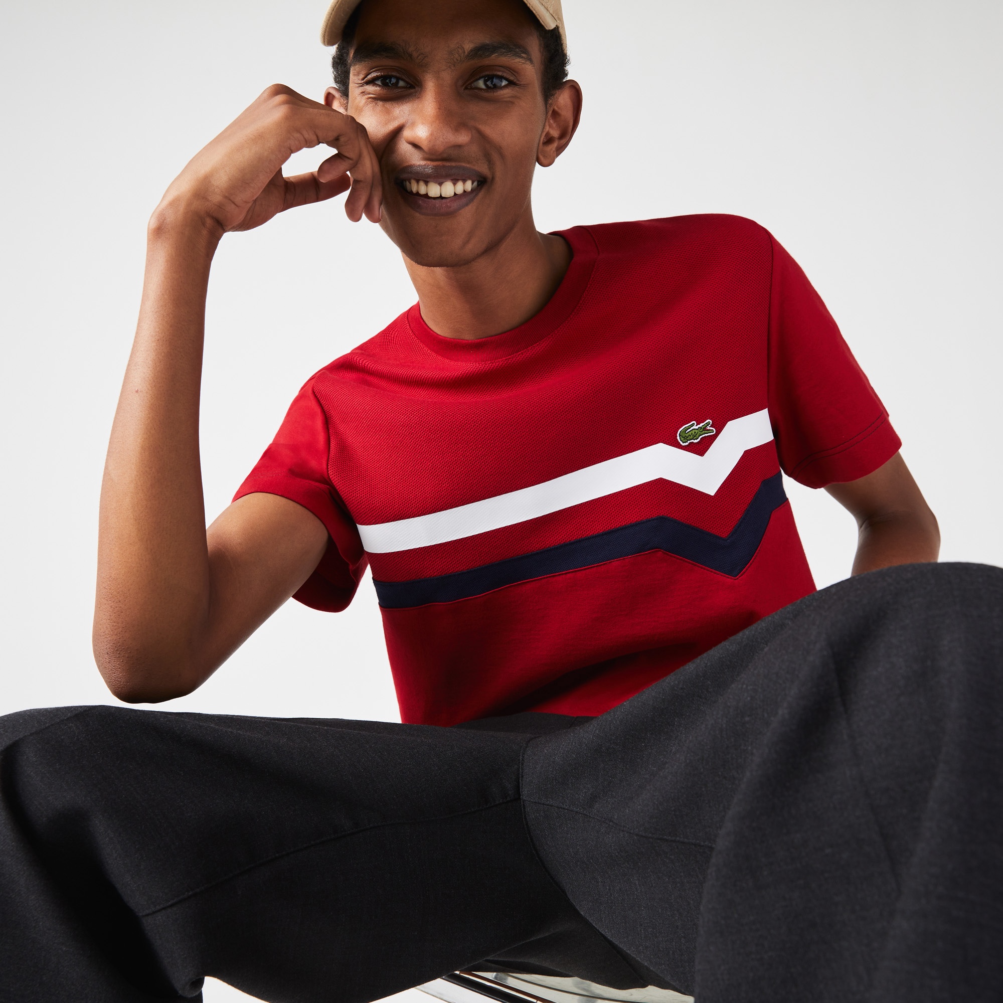 Lacoste Erkek Regular Fit Kısa Kollu Bisiklet Yaka Çizgili Kırmızı T-Shirt