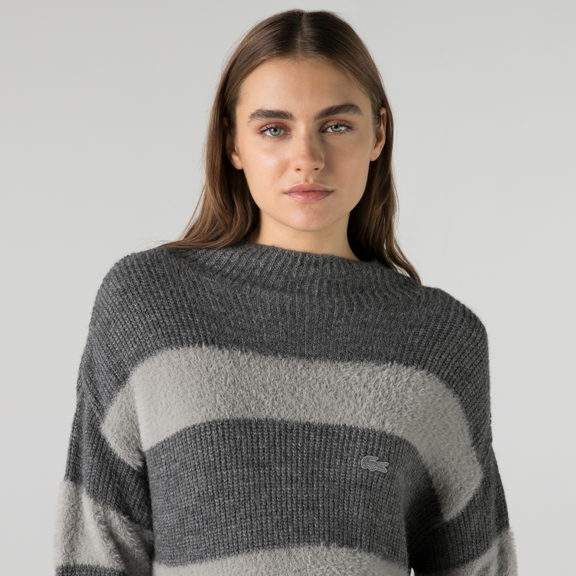 Lacoste Kadın Balıkçı Yaka Çizgili Gri Kazak