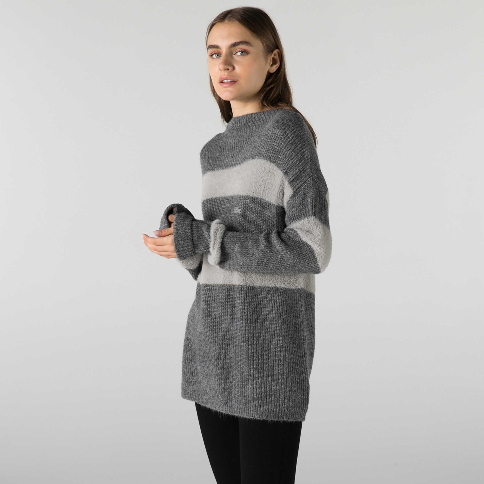 Lacoste Kadın Balıkçı Yaka Çizgili Gri Kazak