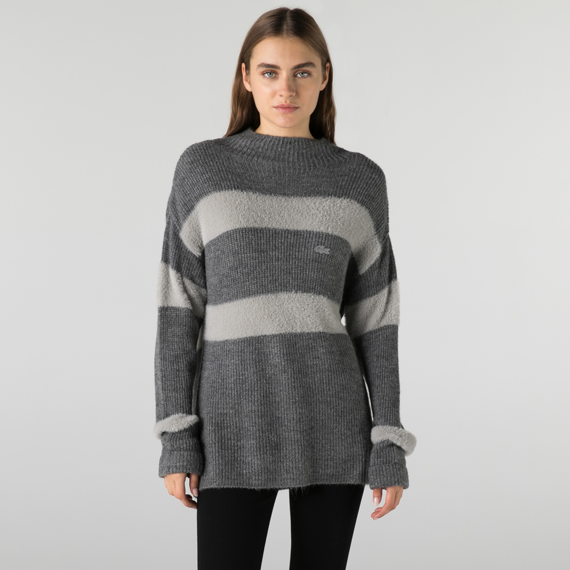 Lacoste Kadın Balıkçı Yaka Çizgili Gri Kazak