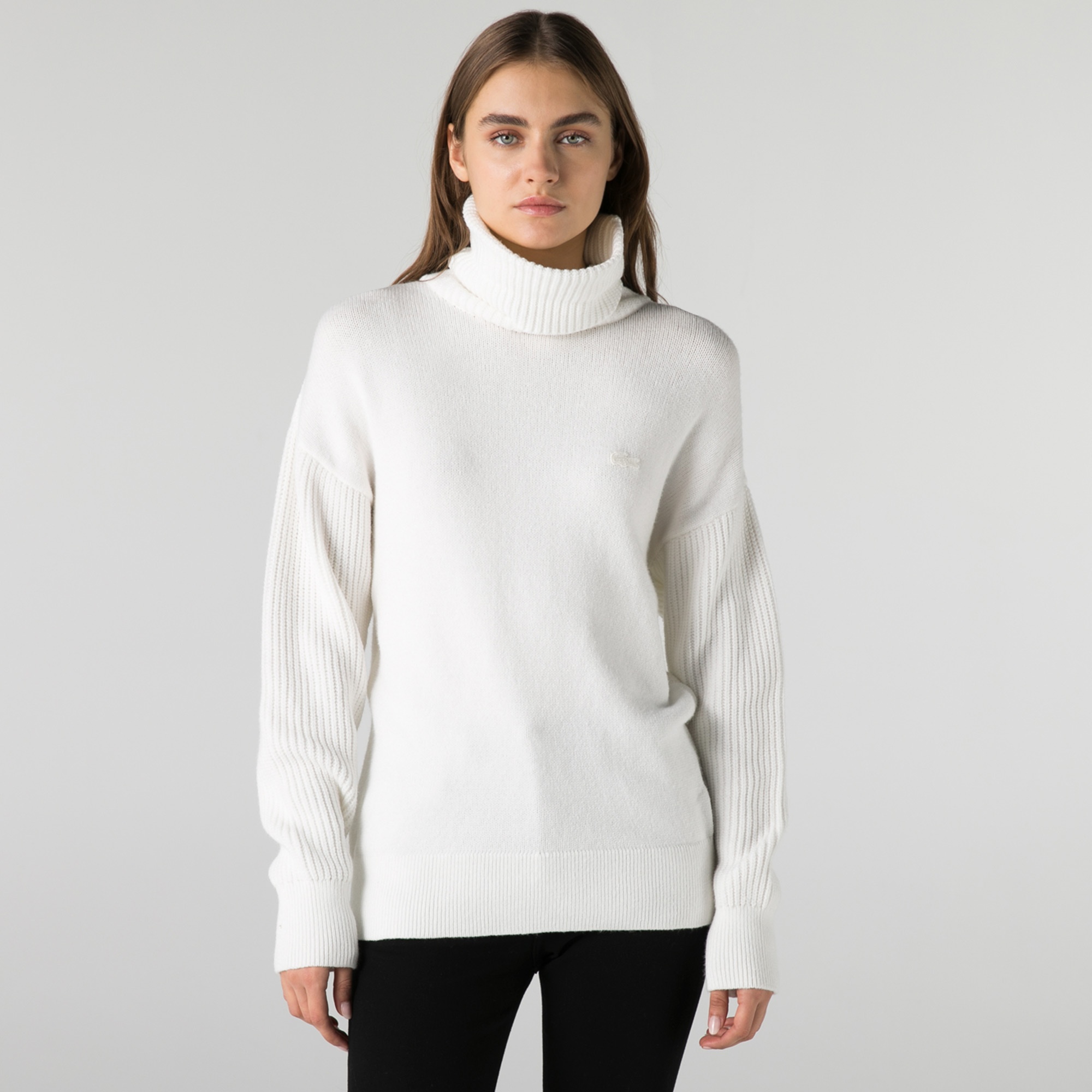 Lacoste Kadın Boğazlı Yaka Çizgili Beyaz Kazak AF2236-36B | Lacoste