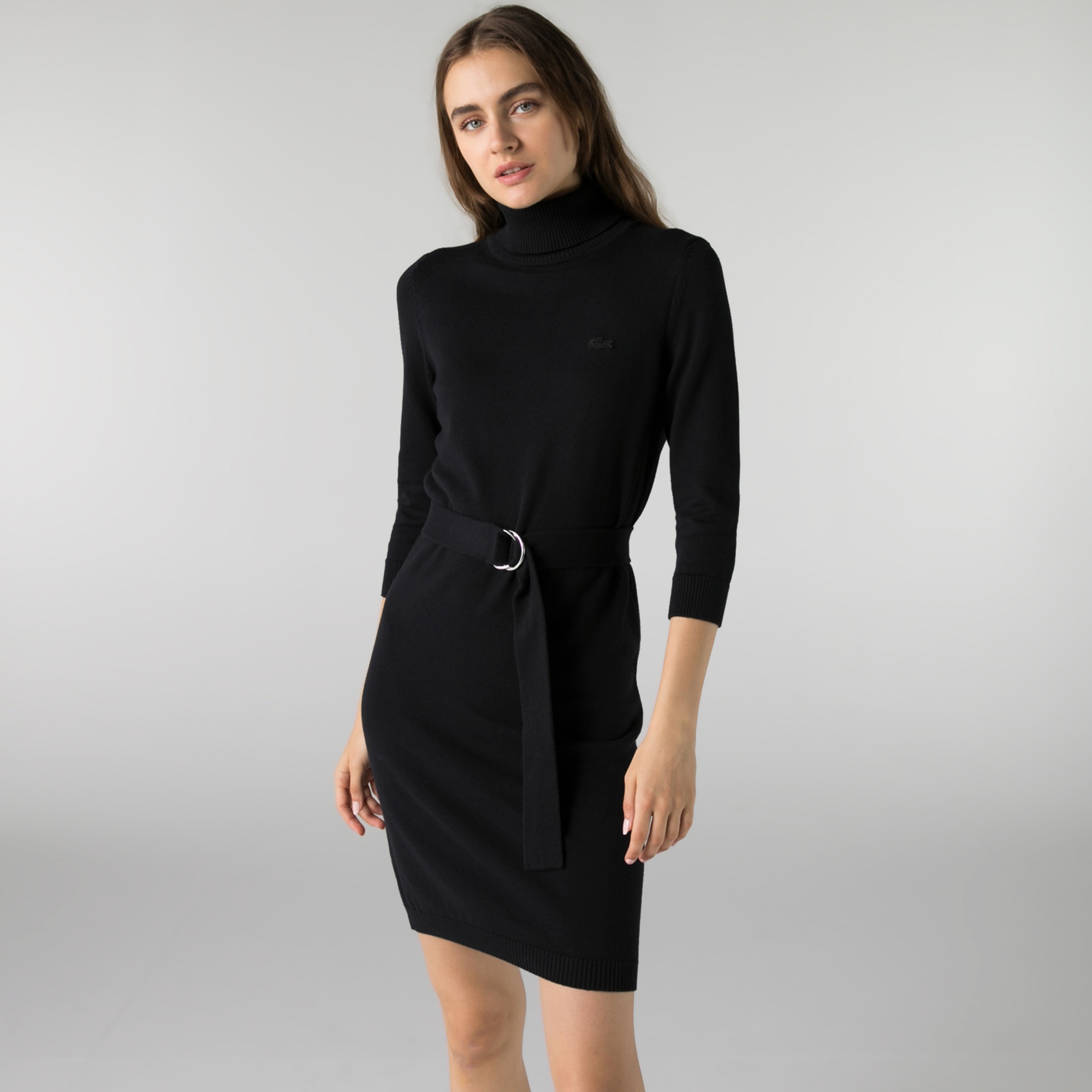 Lacoste Kadın Regular Fit Uzun Kollu Boğazlı Yaka Siyah Elbise