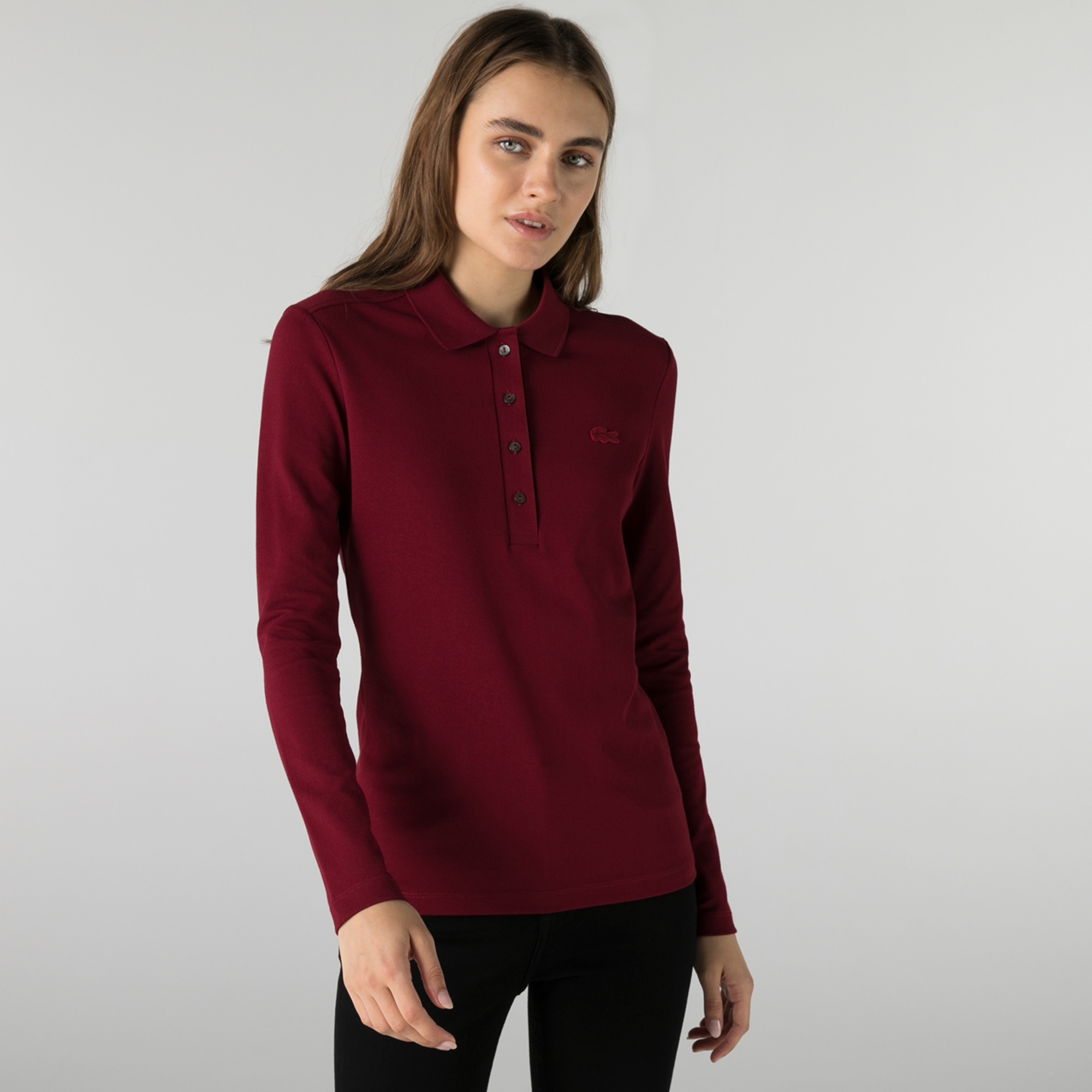 Lacoste Kadın Slim Fit Uzun Kollu Bordo Polo