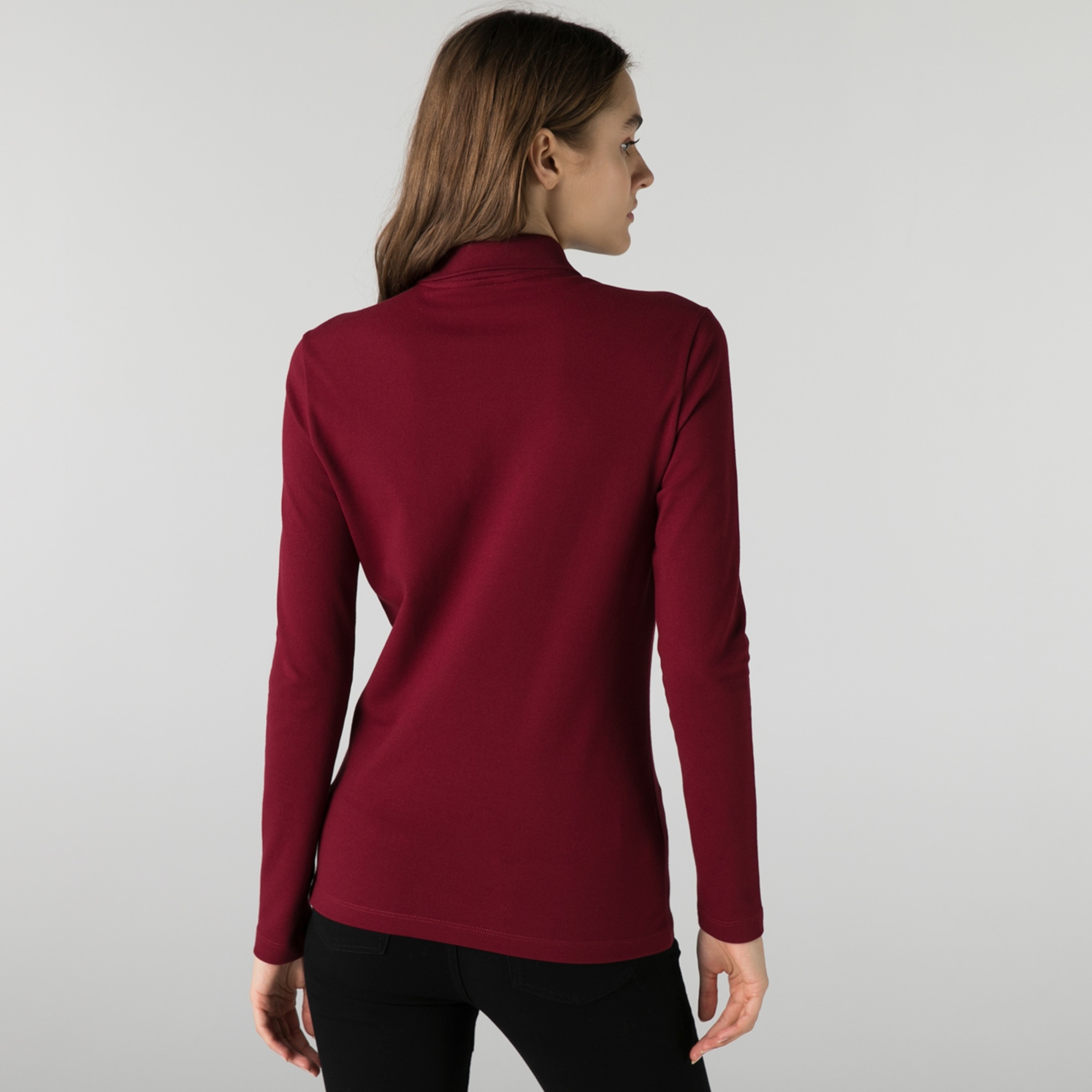 Lacoste Kadın Slim Fit Uzun Kollu Bordo Polo