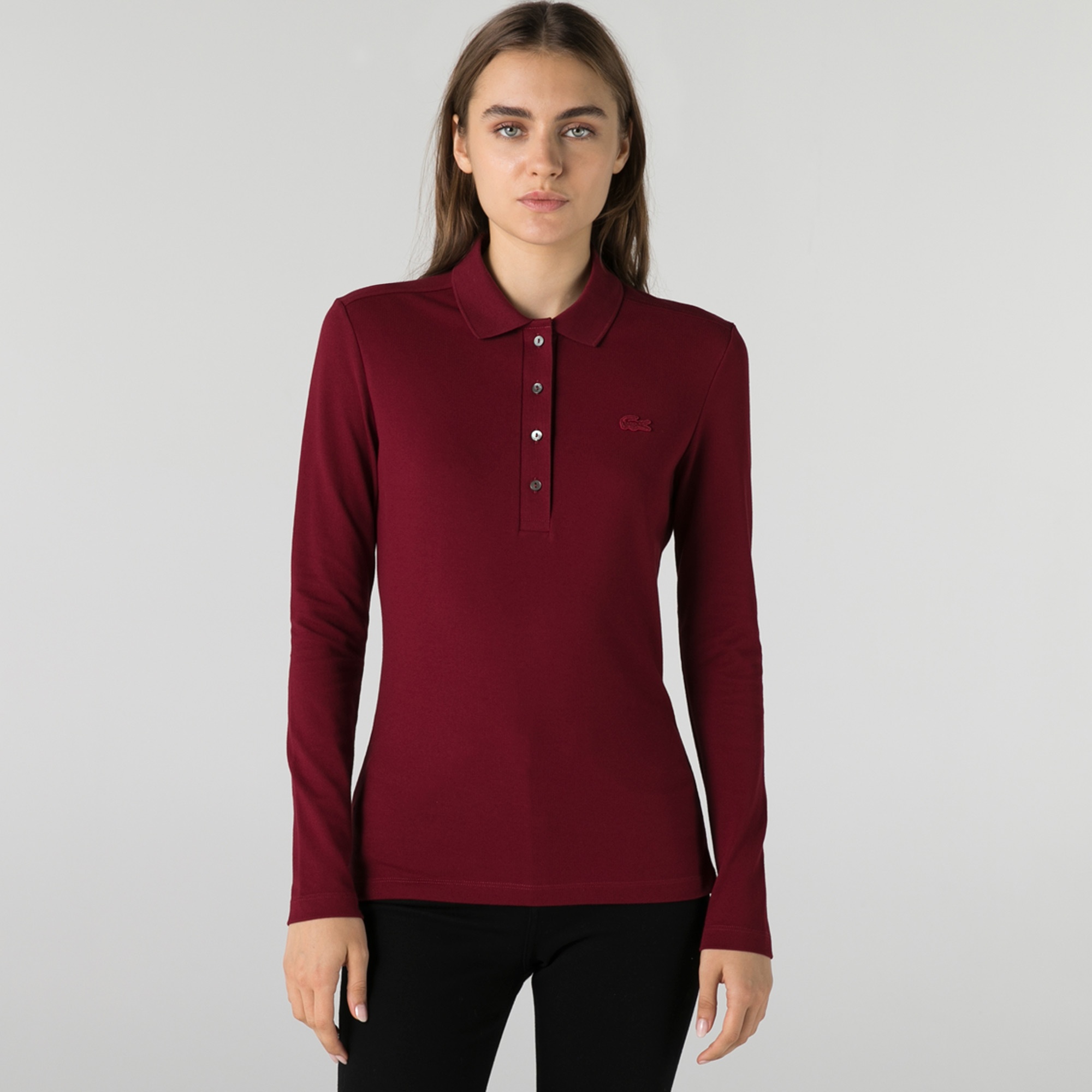 Lacoste Kadın Slim Fit Uzun Kollu Bordo Polo