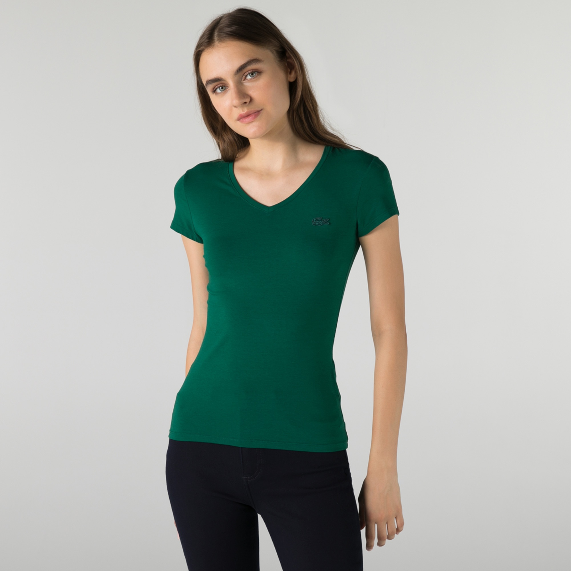 Lacoste Kadın Slim Fit V Yaka Yeşil T-Shirt