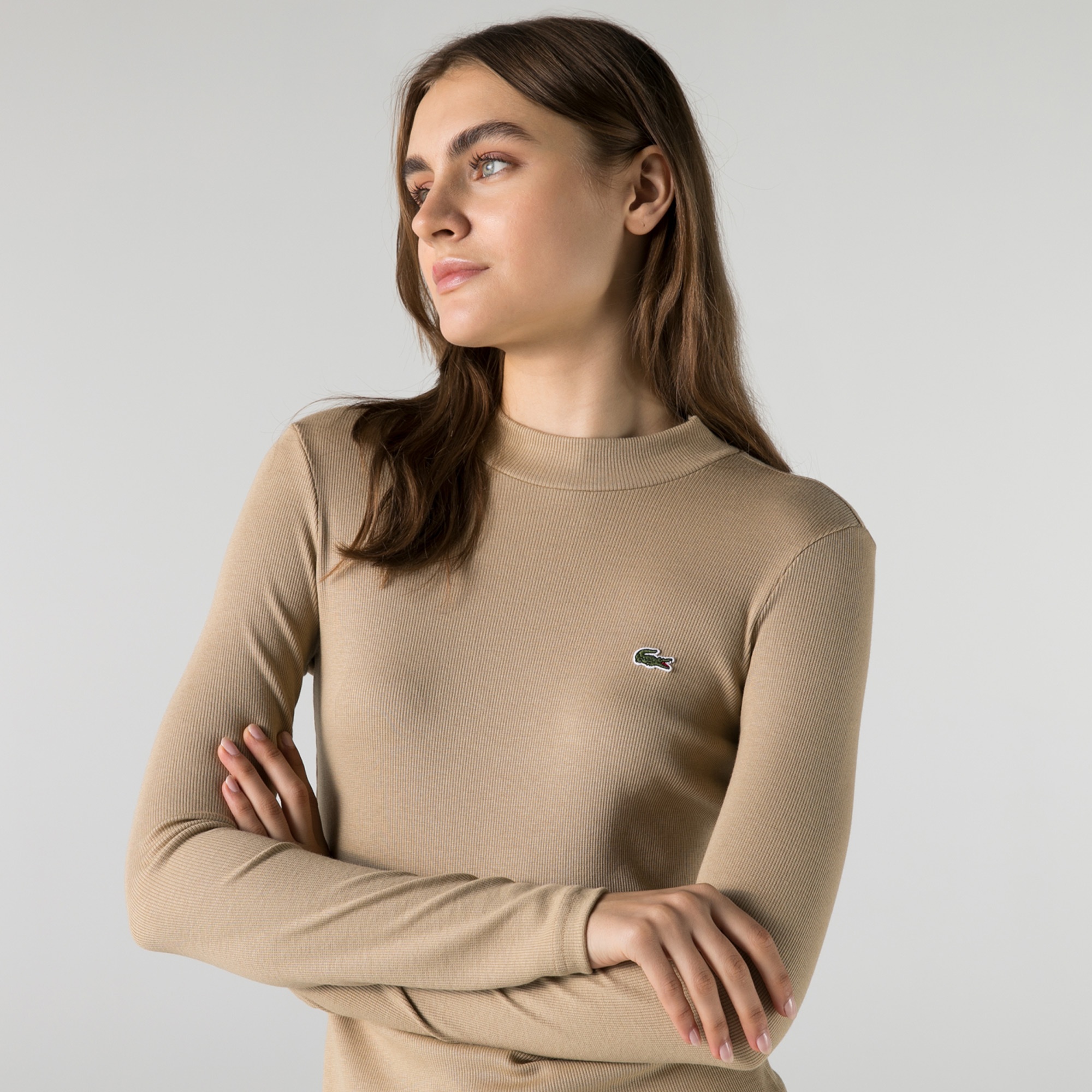 Lacoste Kadın Slim Fit Uzun Kollu Boğazlı Yaka Bej T-Shirt