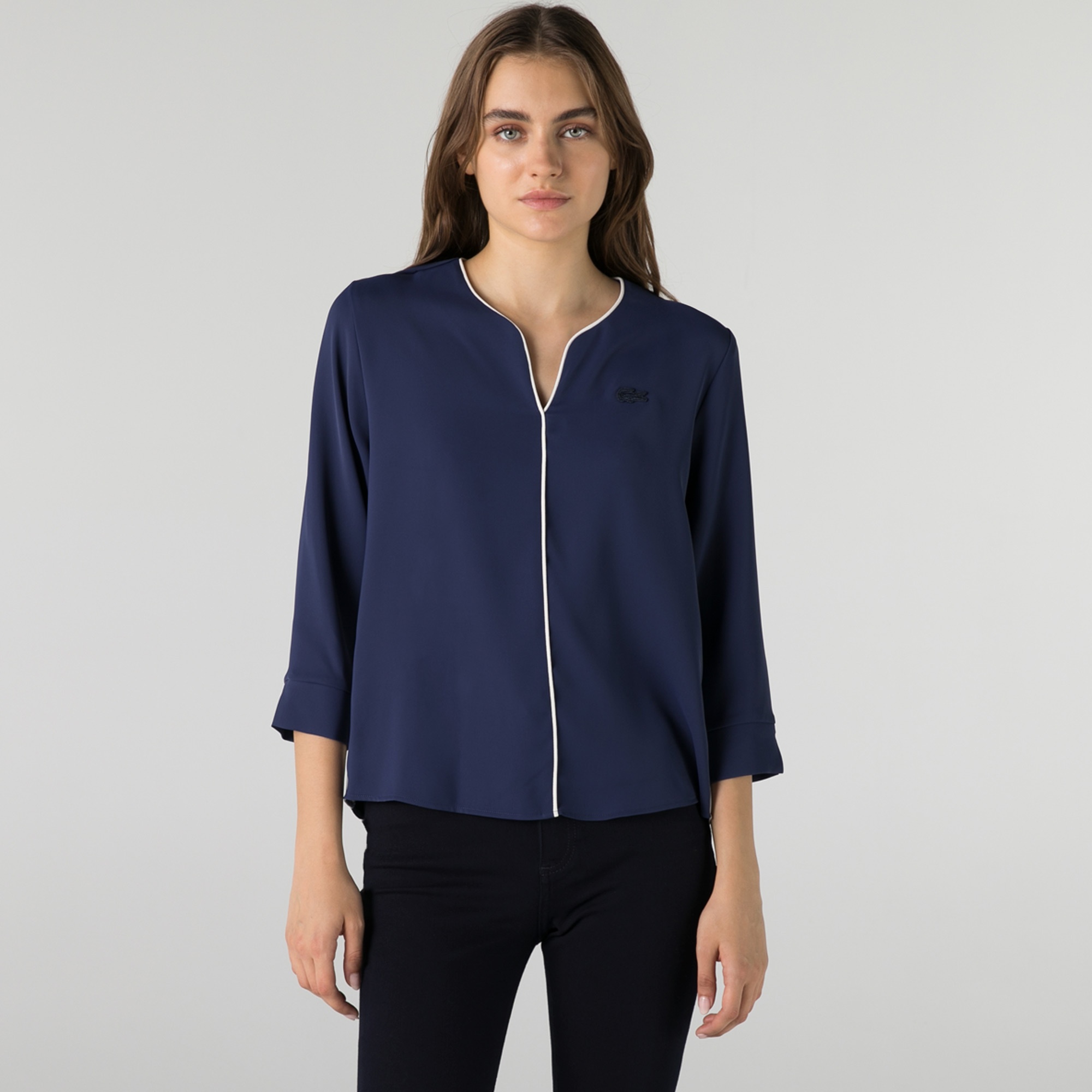 Lacoste Kadın Regular Fit Truvakar Kollu V Yaka Lacivert Bluz