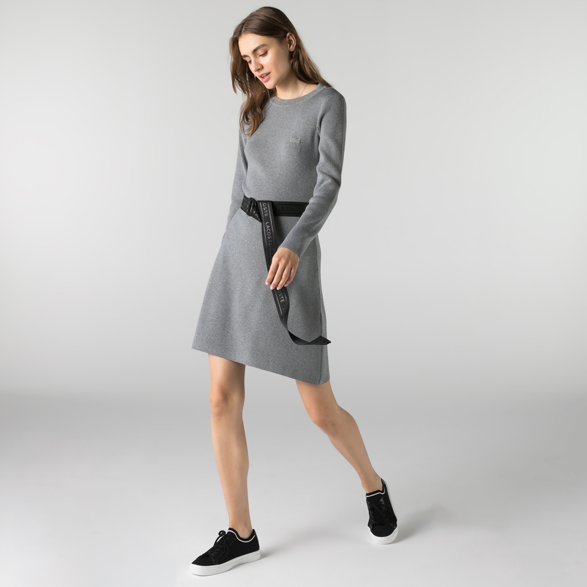 Lacoste Kadın Regular Fit Uzun Kollu Kayık Yaka Gri Elbise