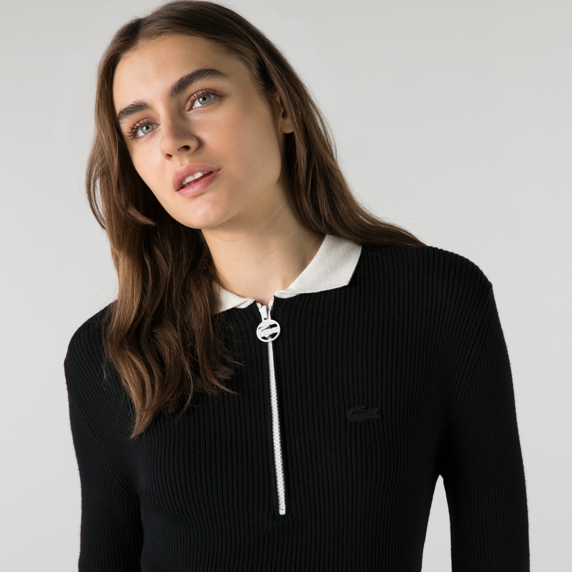 Lacoste Kadın Slim Fit Uzun Kollu Polo Yaka Çizgili Siyah Elbise