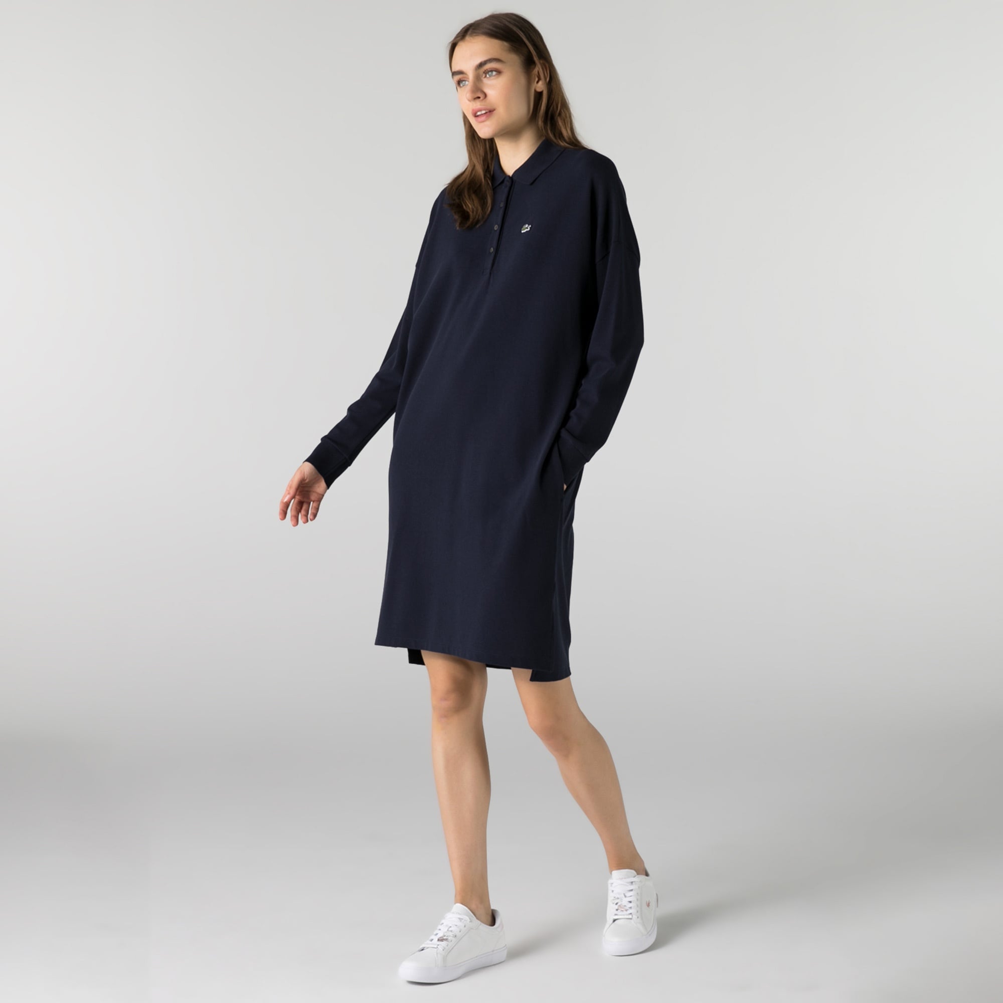 Lacoste Kadın Regular Fit Uzun Kollu Polo Yaka Lacivert Elbise