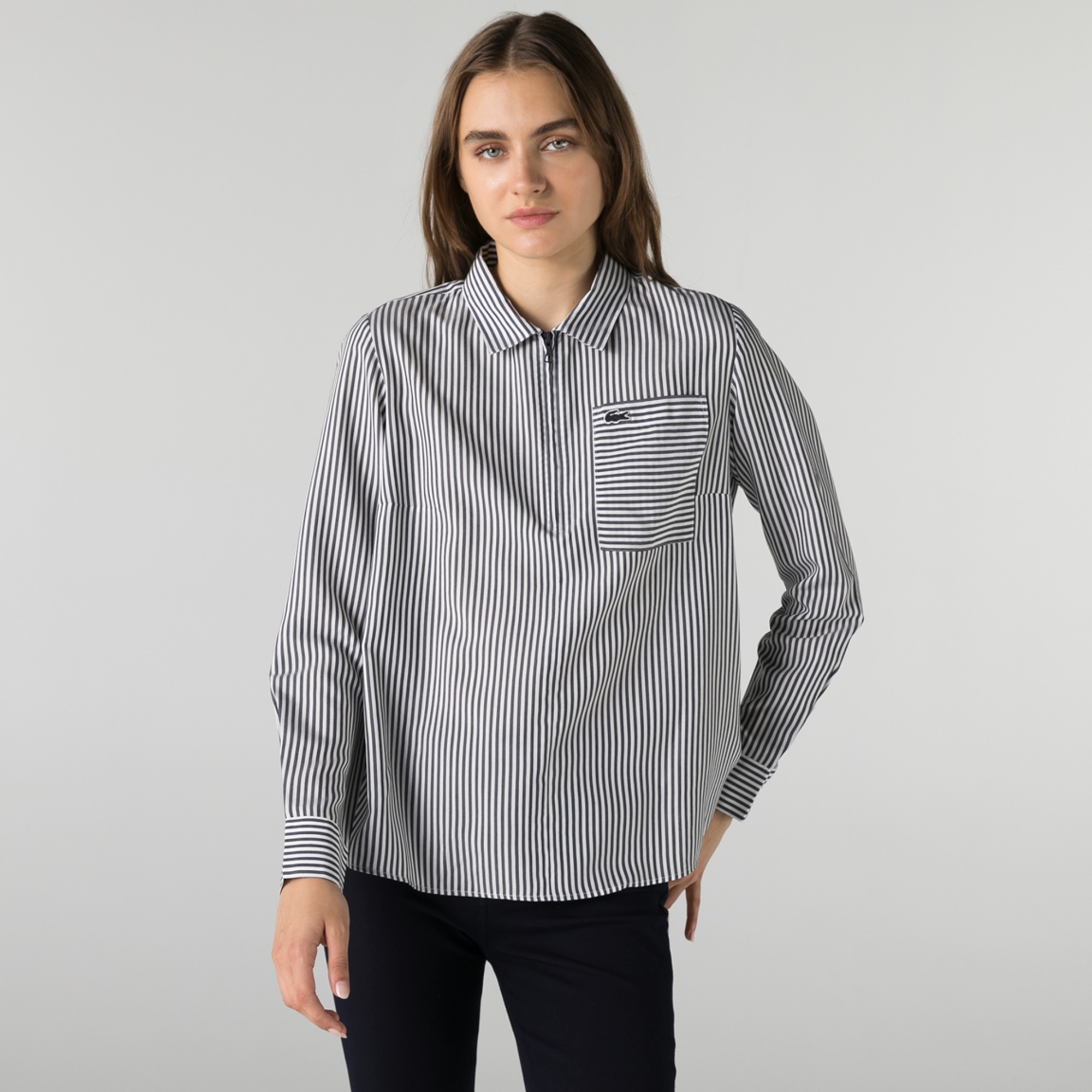 Lacoste Kadın Regular Fit Yarım Fermuarlı Çizgili Lacivert Gömlek