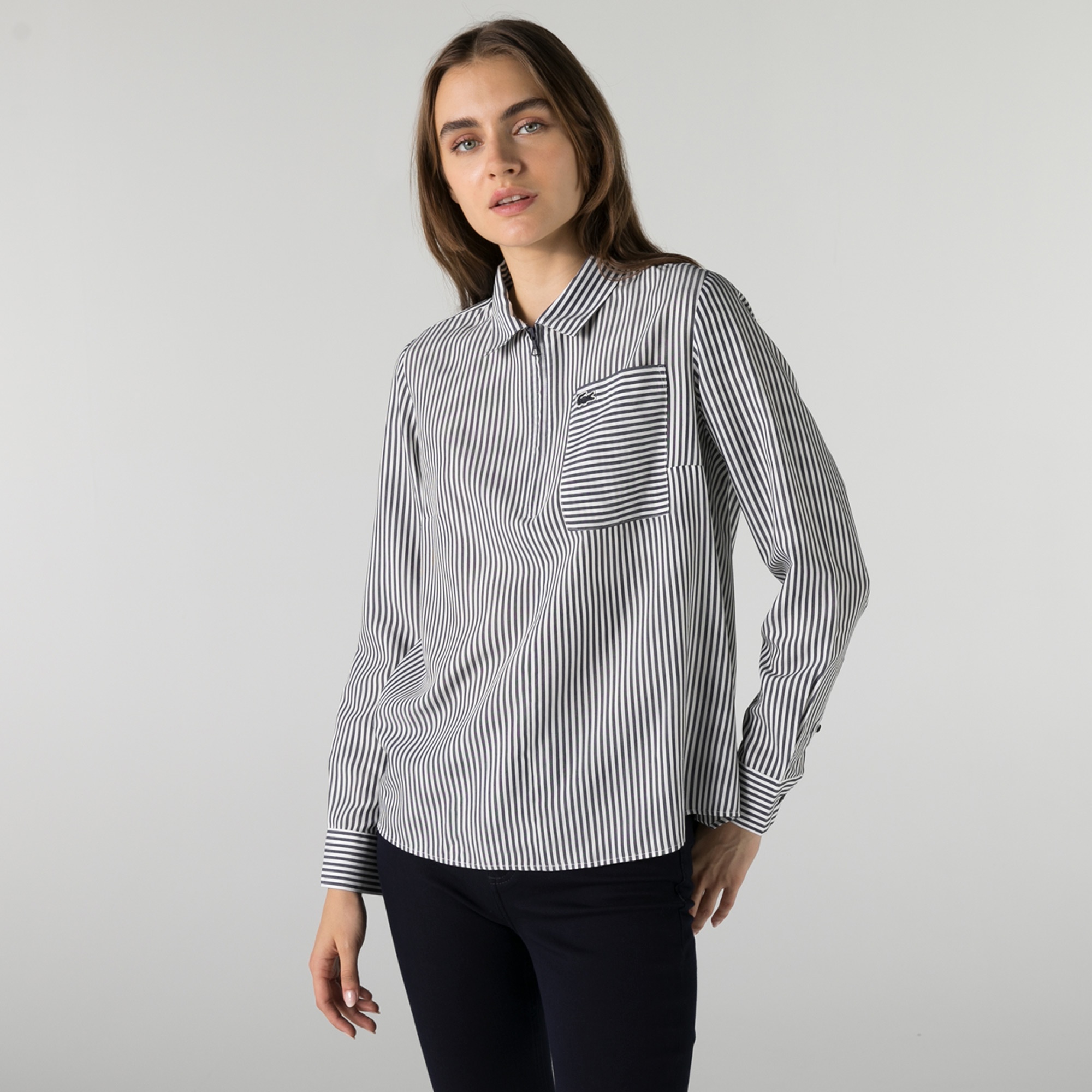 Lacoste Kadın Regular Fit Yarım Fermuarlı Çizgili Lacivert Gömlek