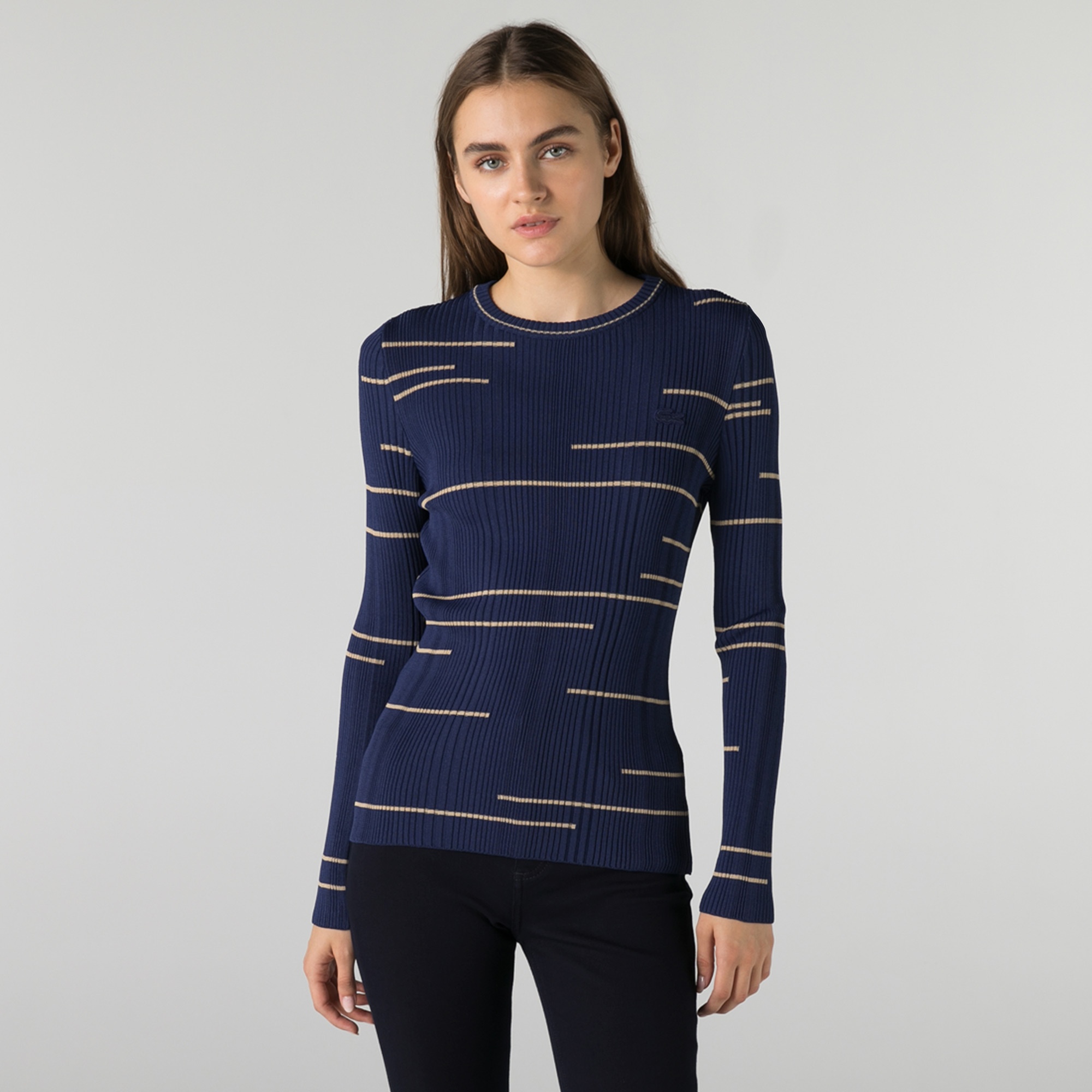 Lacoste Kadın Bisiklet Yaka Desenli Lacivert Kazak