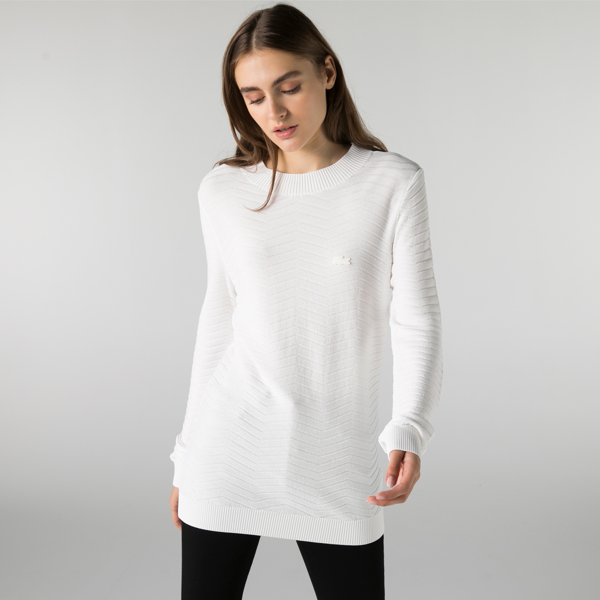 Lacoste Kadın Balıkçı Yaka Çizgili Beyaz Kazak