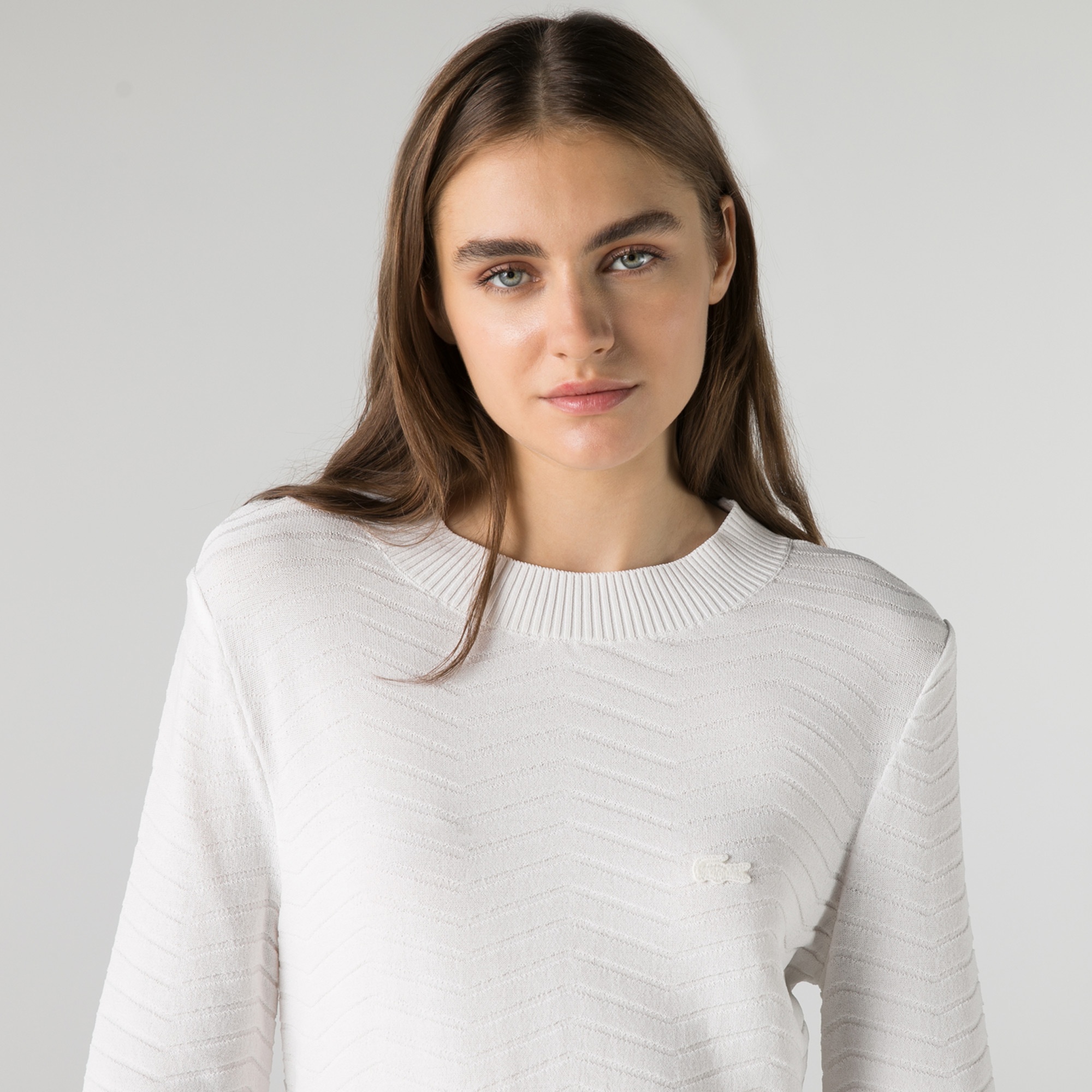 Lacoste Kadın Balıkçı Yaka Çizgili Beyaz Kazak