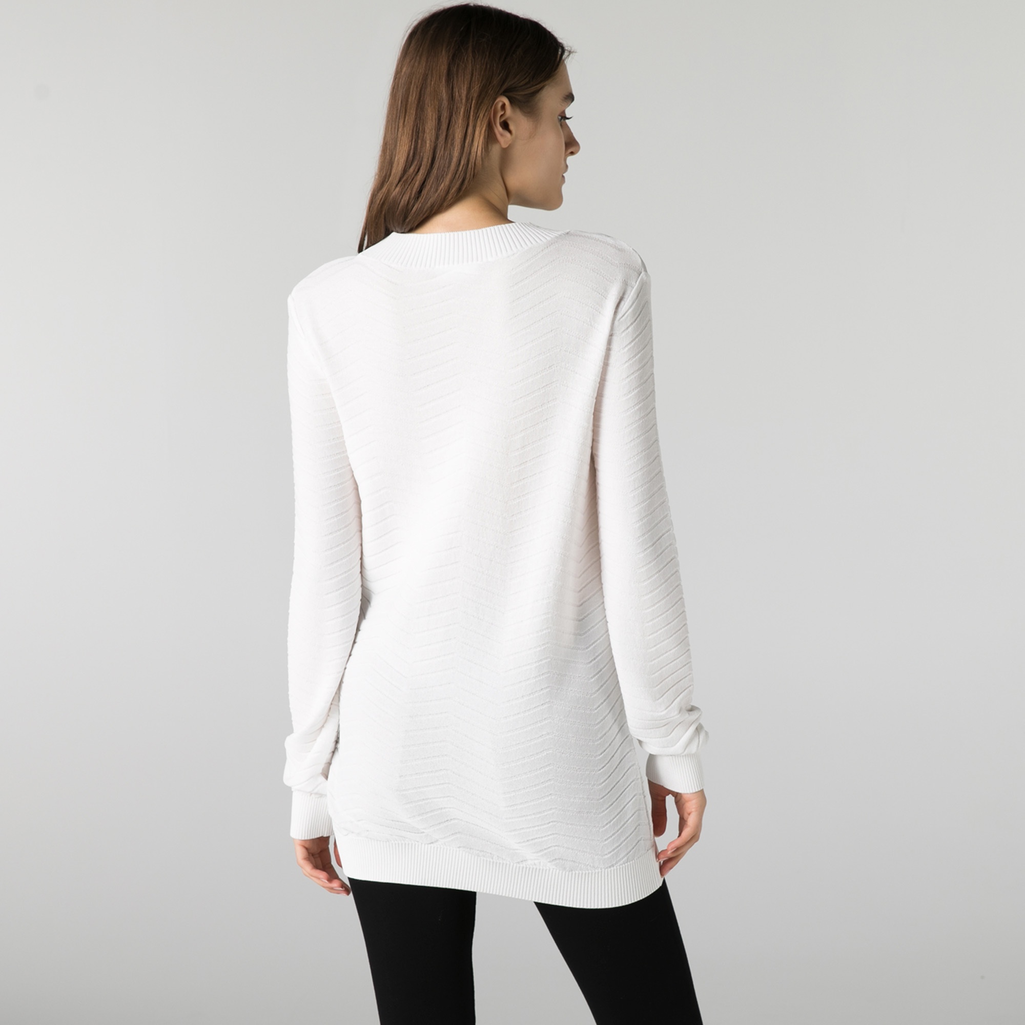 Lacoste Kadın Balıkçı Yaka Çizgili Beyaz Kazak