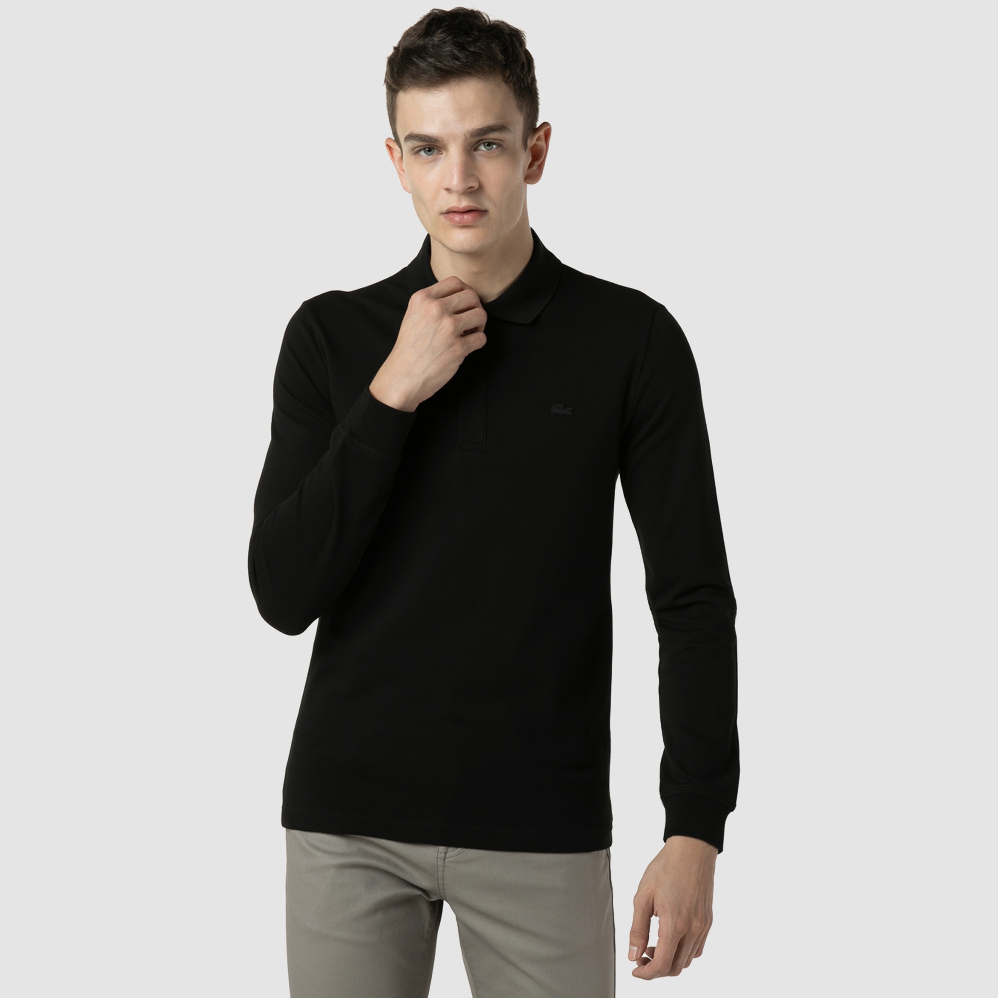 Lacoste Erkek Slim Fit Uzun Kollu Yarım Fermuarlı Siyah Polo