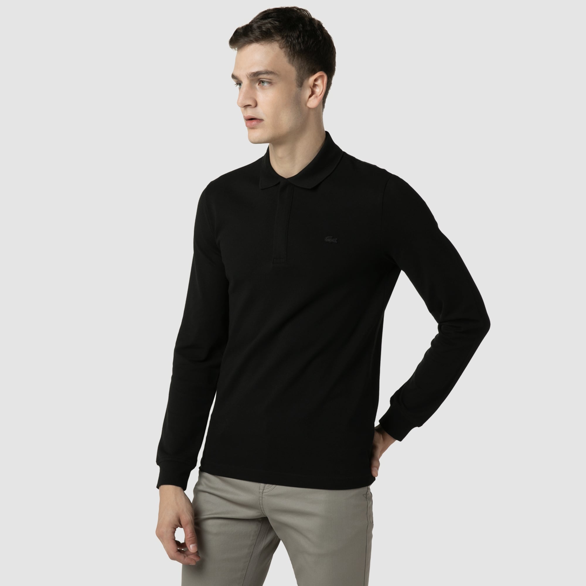 Lacoste Erkek Slim Fit Uzun Kollu Yarım Fermuarlı Siyah Polo