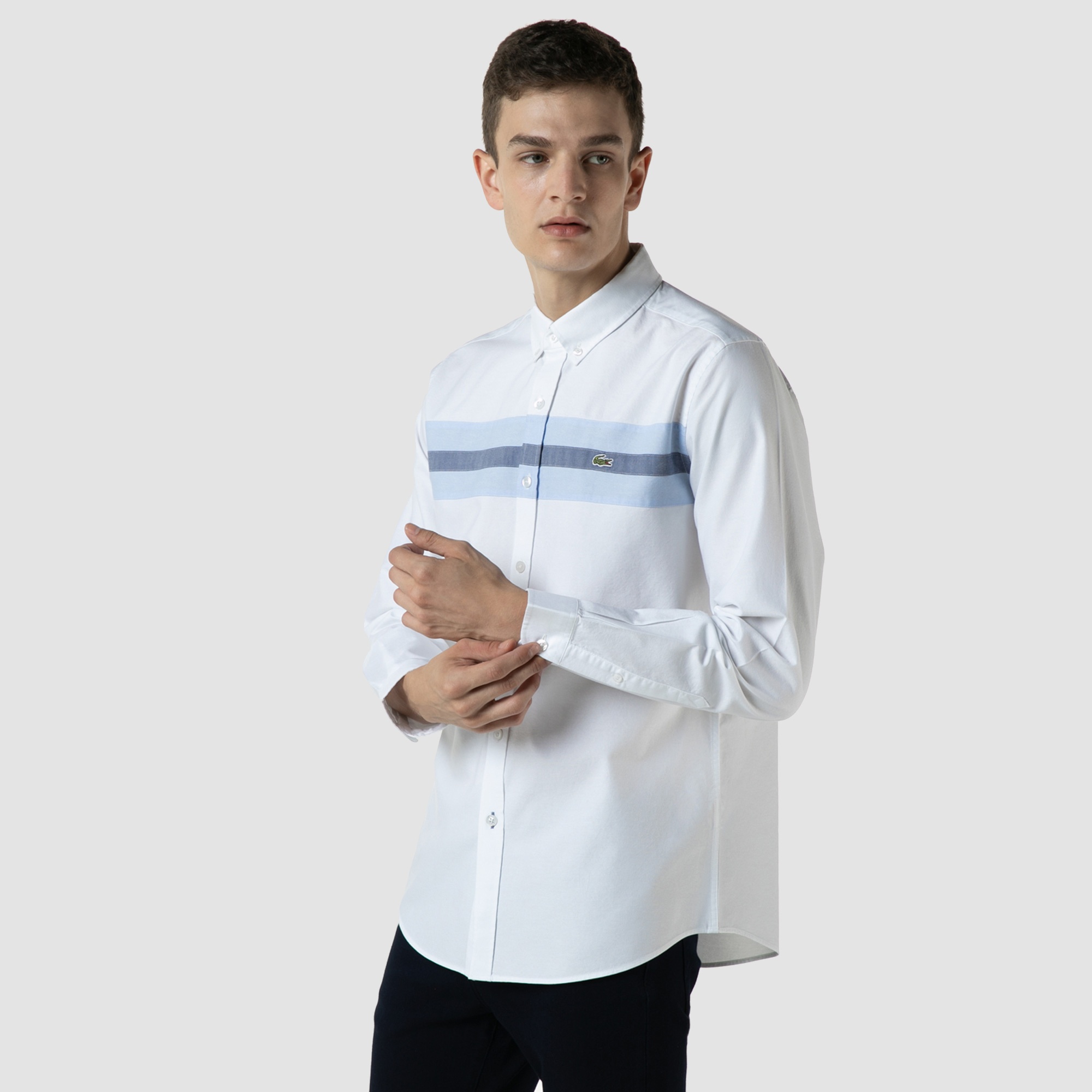 Lacoste Erkek Slim Fit Renk Bloklu Beyaz Gömlek