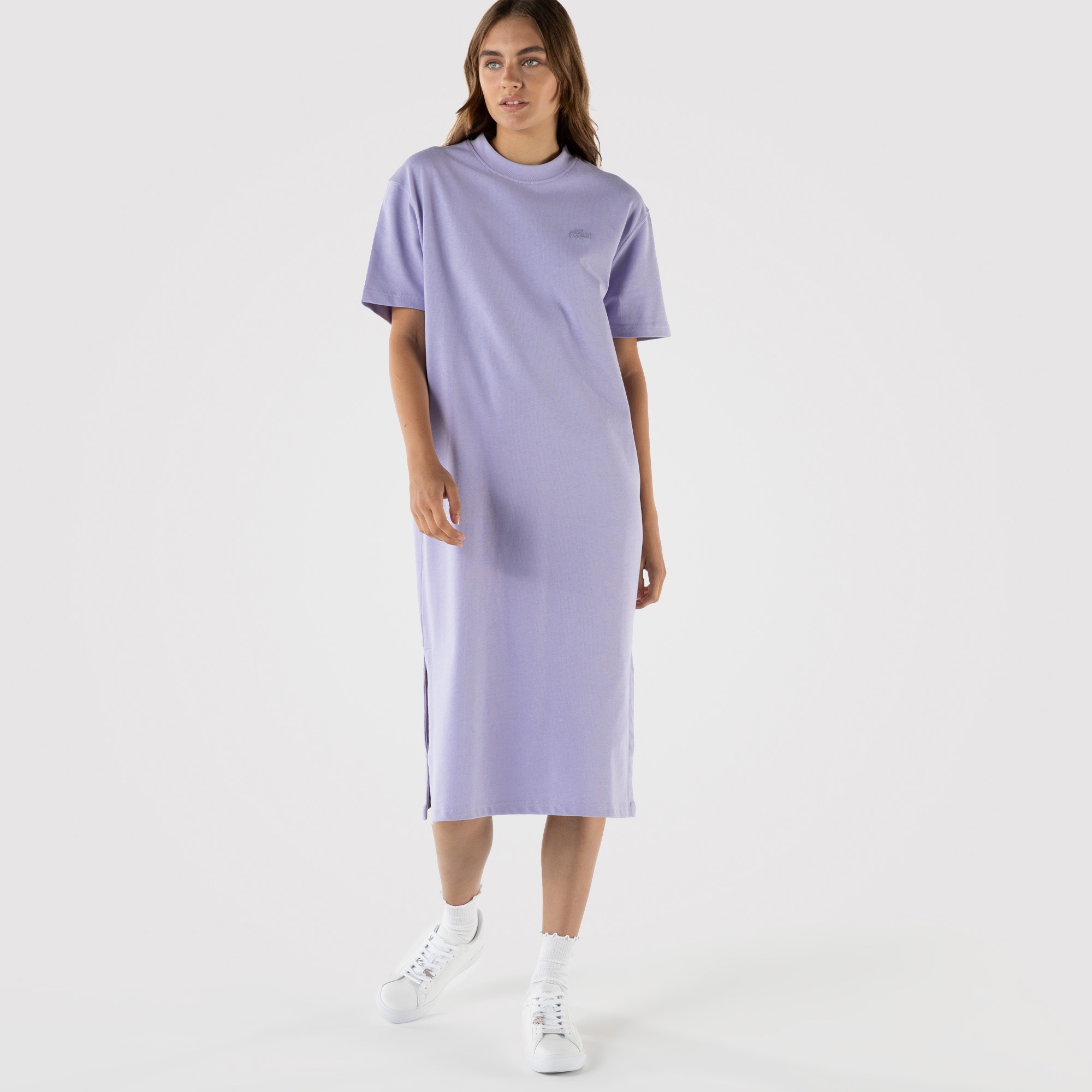 Lacoste L!VE Kadın Regular Fit Kısa Kollu Bisiklet Yaka Baskılı Lila Elbise