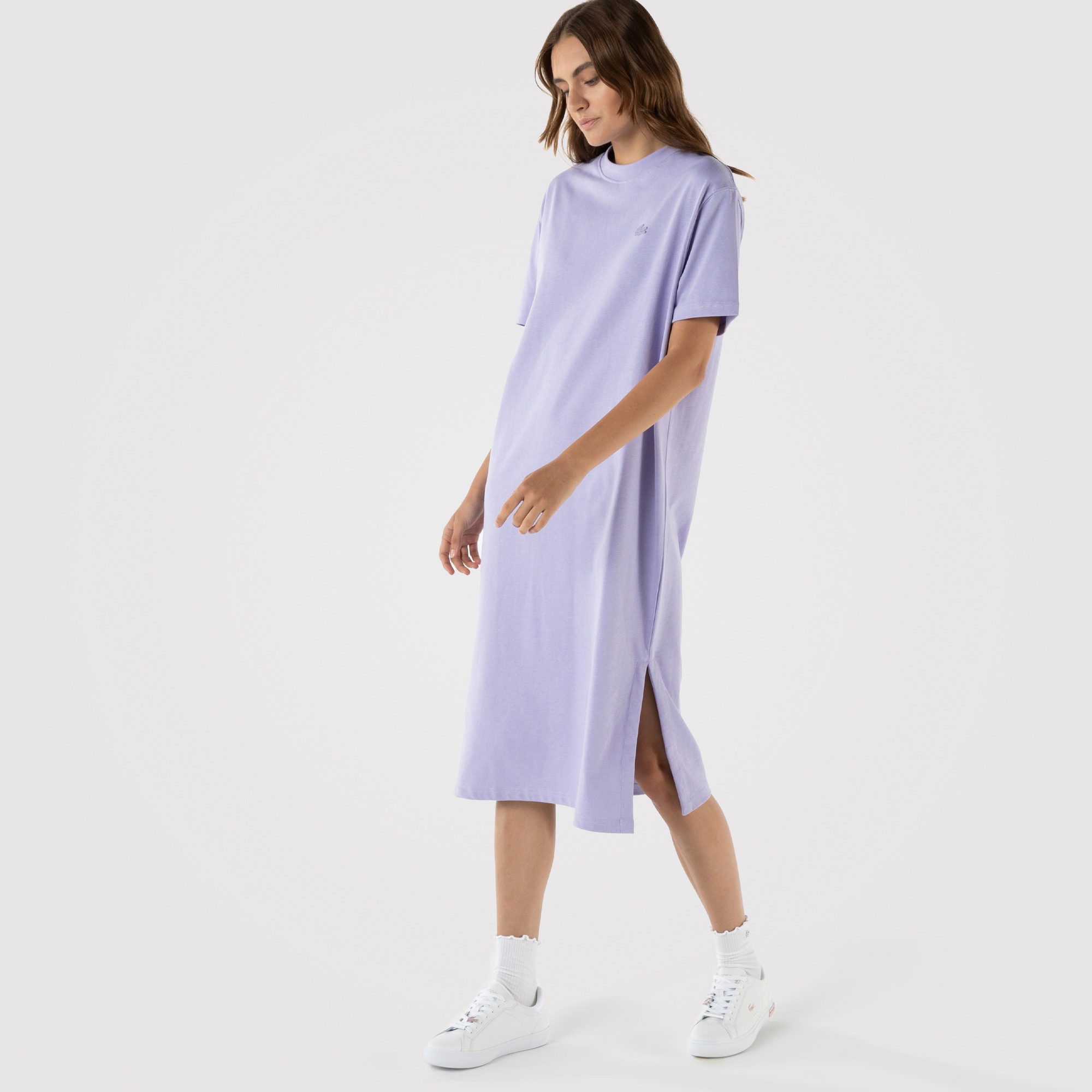 Lacoste L!VE Kadın Regular Fit Kısa Kollu Bisiklet Yaka Baskılı Lila Elbise