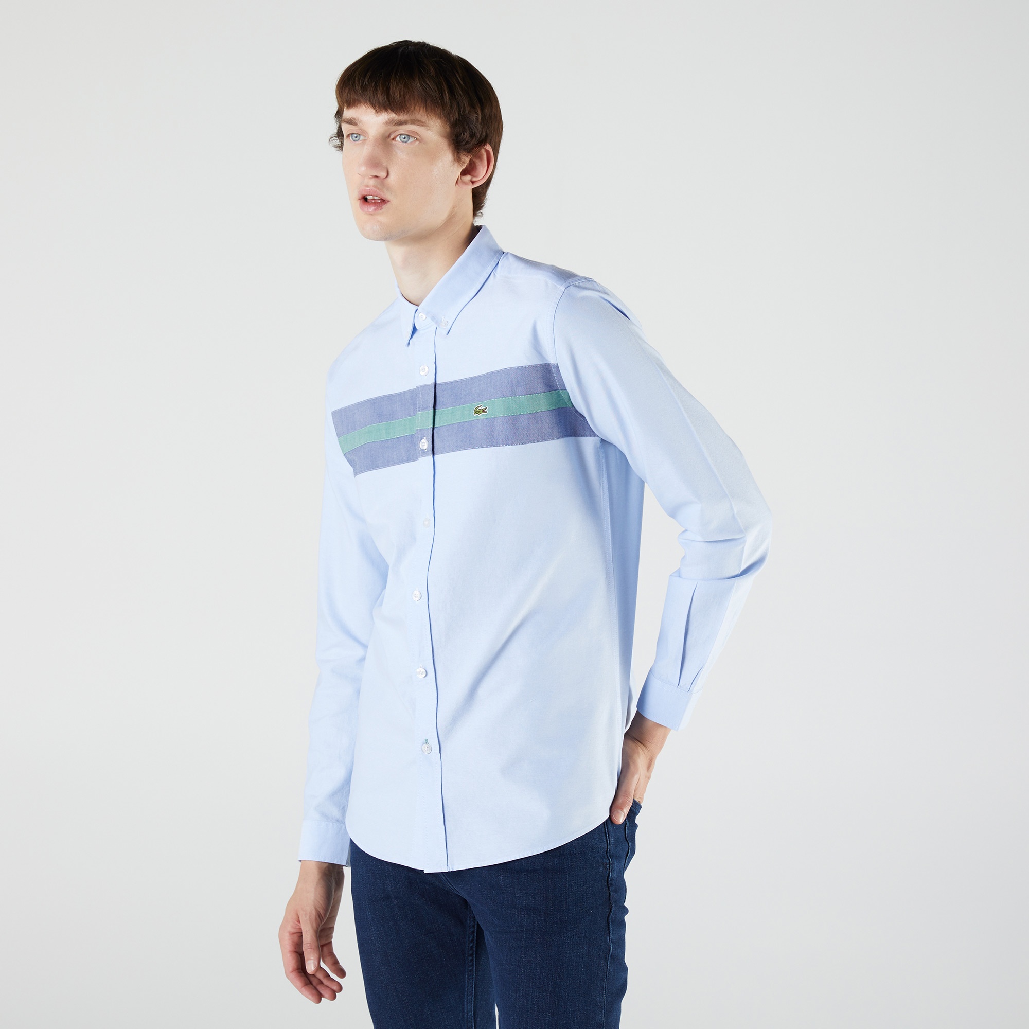Lacoste Erkek Slim Fit Renk Bloklu Mavi Gömlek