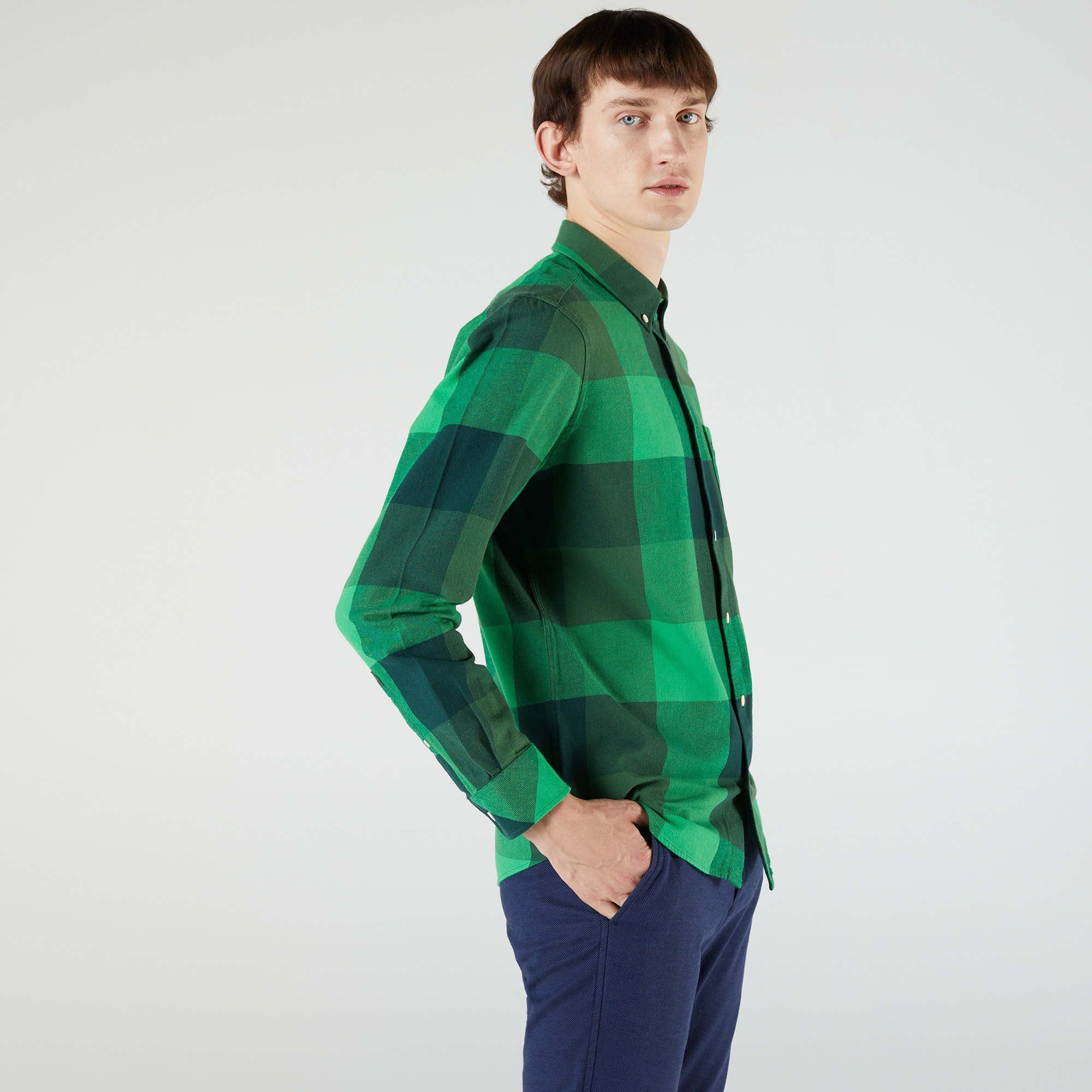 Lacoste L!VE Unisex Regular Fit Ekose Yeşil Gömlek