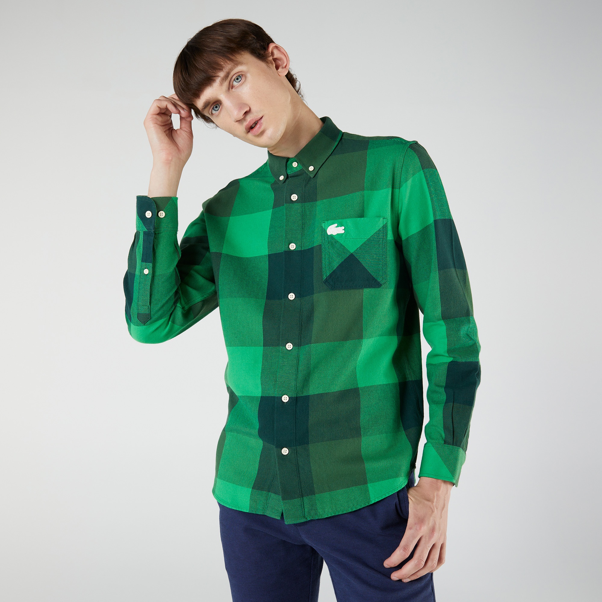 Lacoste L!VE Unisex Regular Fit Ekose Yeşil Gömlek