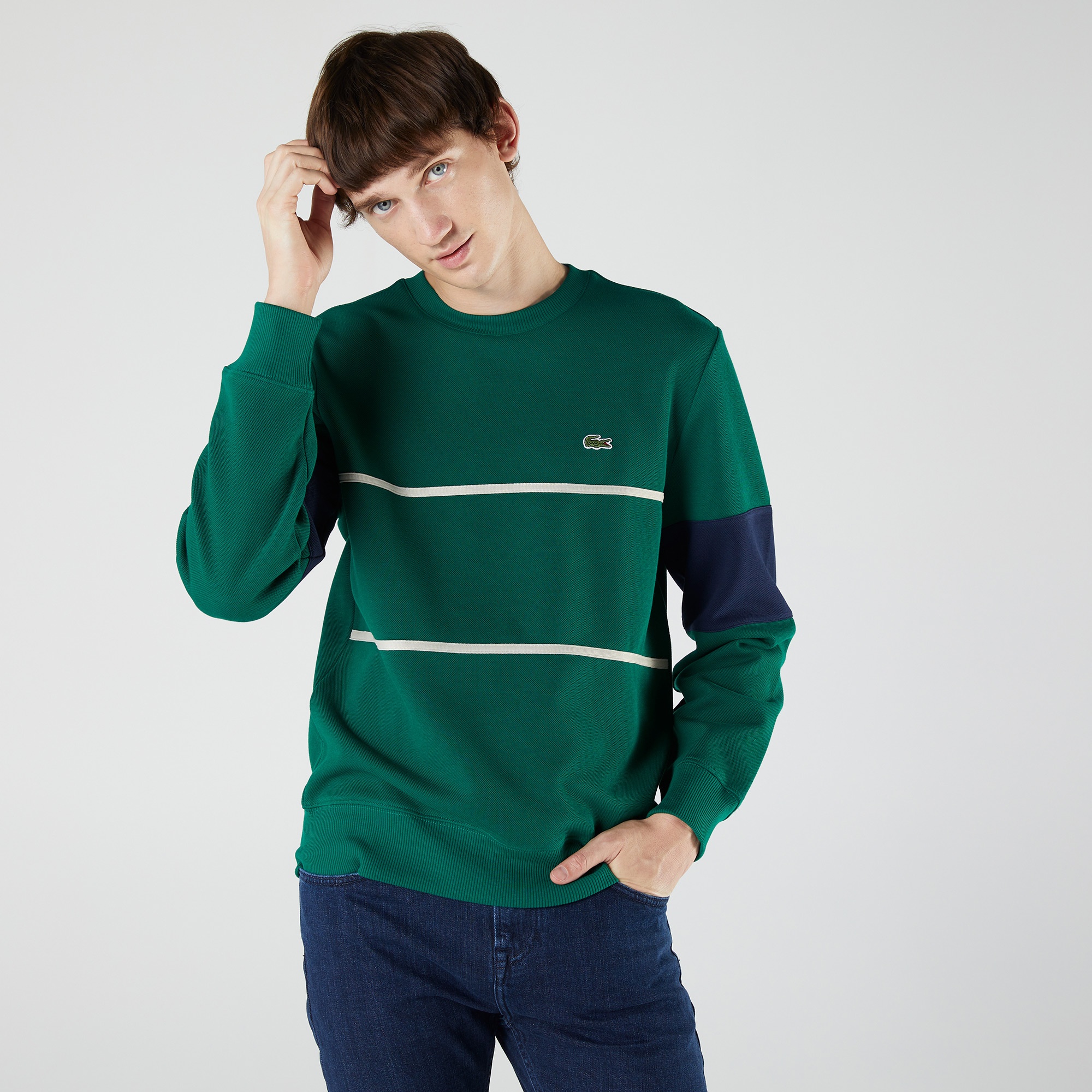 Lacoste Heritage Erkek Classic Fit Bisiklet Yaka Renk Bloklu Yeşil Sweatshirt