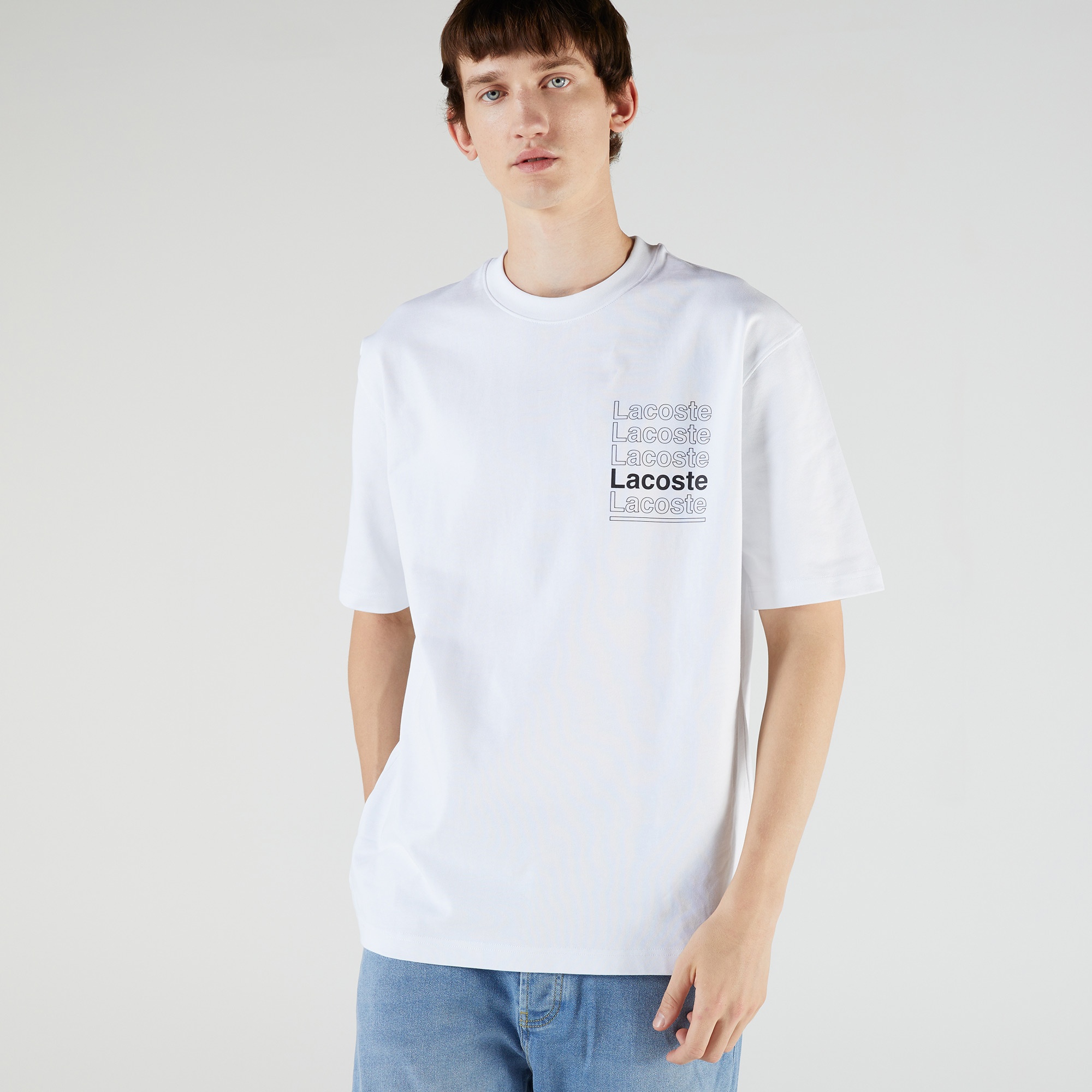 Lacoste L!VE Erkek Relaxed Fit Bisiklet Yaka Baskılı Beyaz T-Shirt