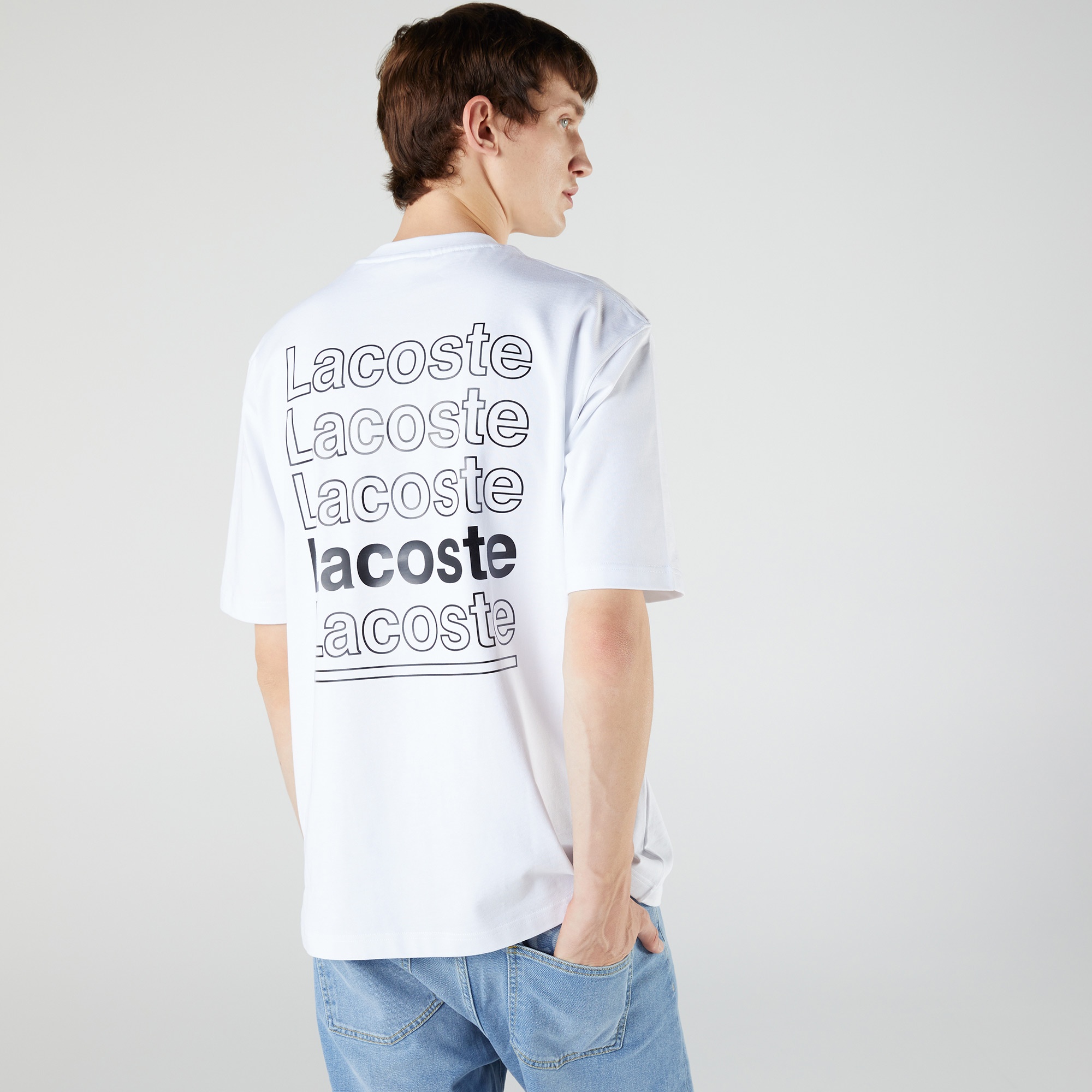 Lacoste L!VE Erkek Relaxed Fit Bisiklet Yaka Baskılı Beyaz T-Shirt
