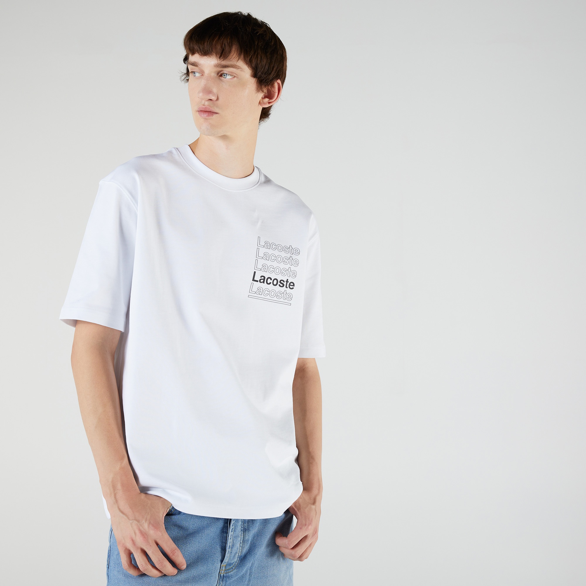 Lacoste L!VE Erkek Relaxed Fit Bisiklet Yaka Baskılı Beyaz T-Shirt