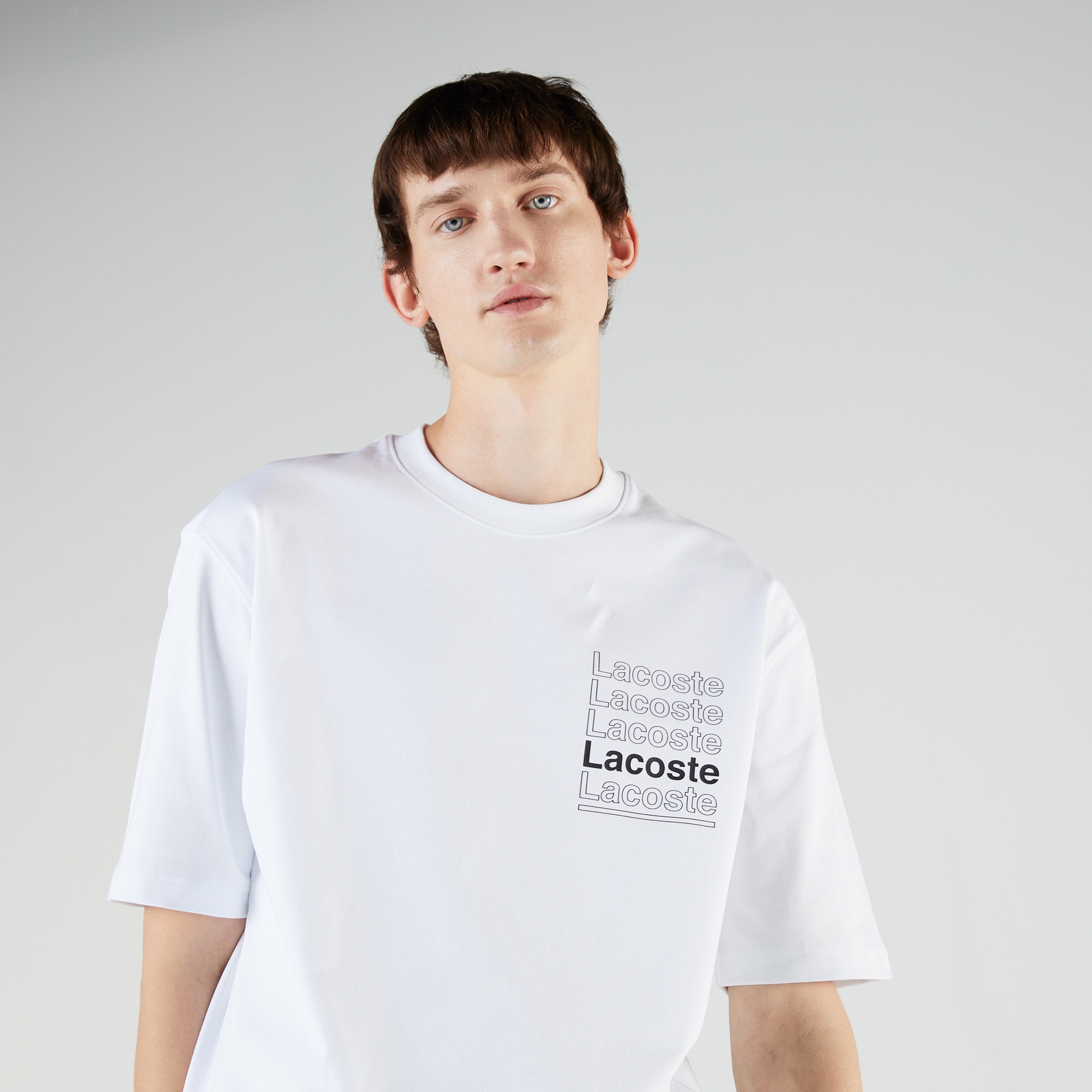 Lacoste L!VE Erkek Relaxed Fit Bisiklet Yaka Baskılı Beyaz T-Shirt