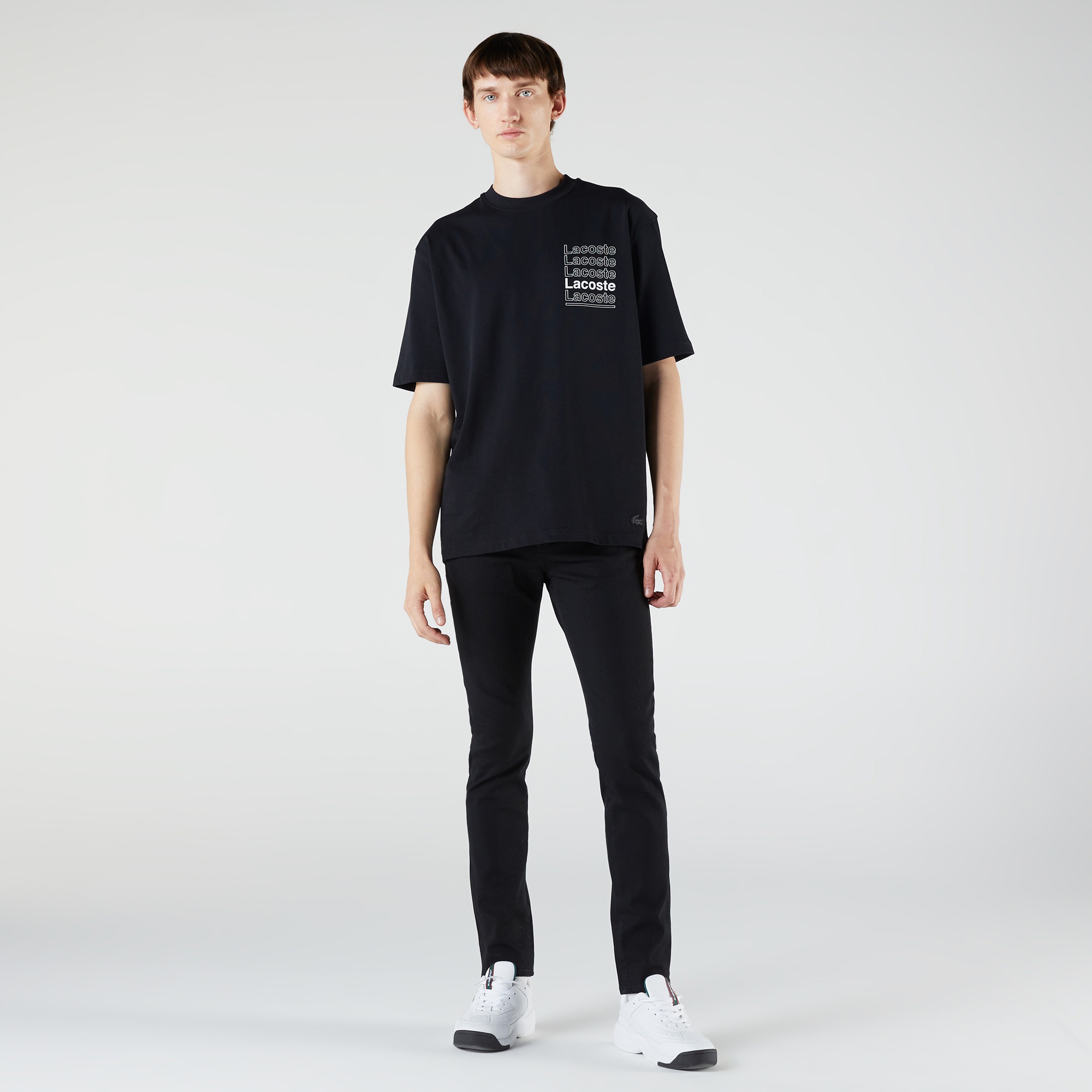 Lacoste L!VE Erkek Relaxed Fit Bisiklet Yaka Baskılı Siyah T-Shirt