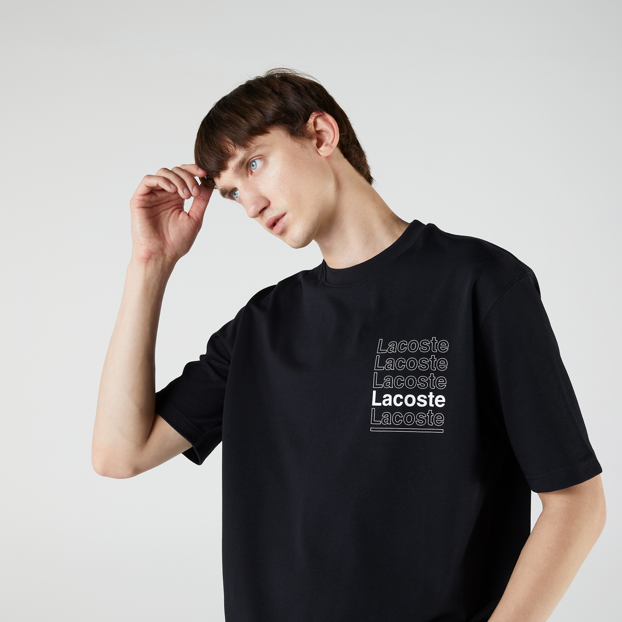 Lacoste L!VE Erkek Relaxed Fit Bisiklet Yaka Baskılı Siyah T-Shirt