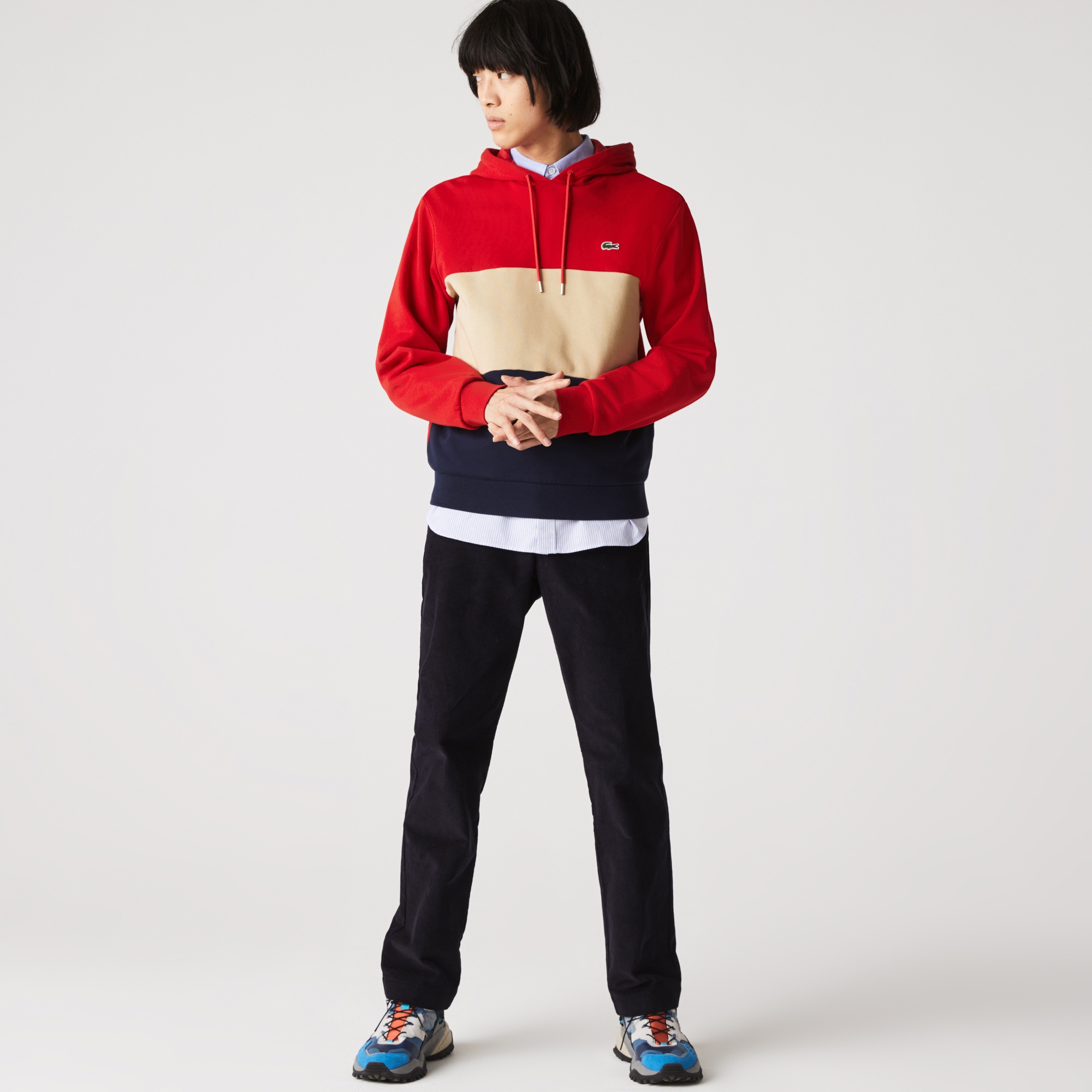 Lacoste Erkek Classic Fit Kapüşonlu Renk Bloklu Kırmızı Sweatshirt