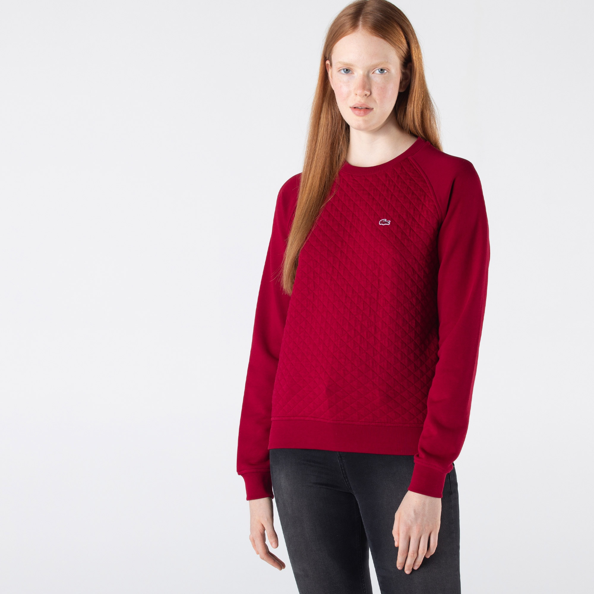 Lacoste Kadın Regular Fit Bisiklet Yaka Desenli Bordo Sweatshirt