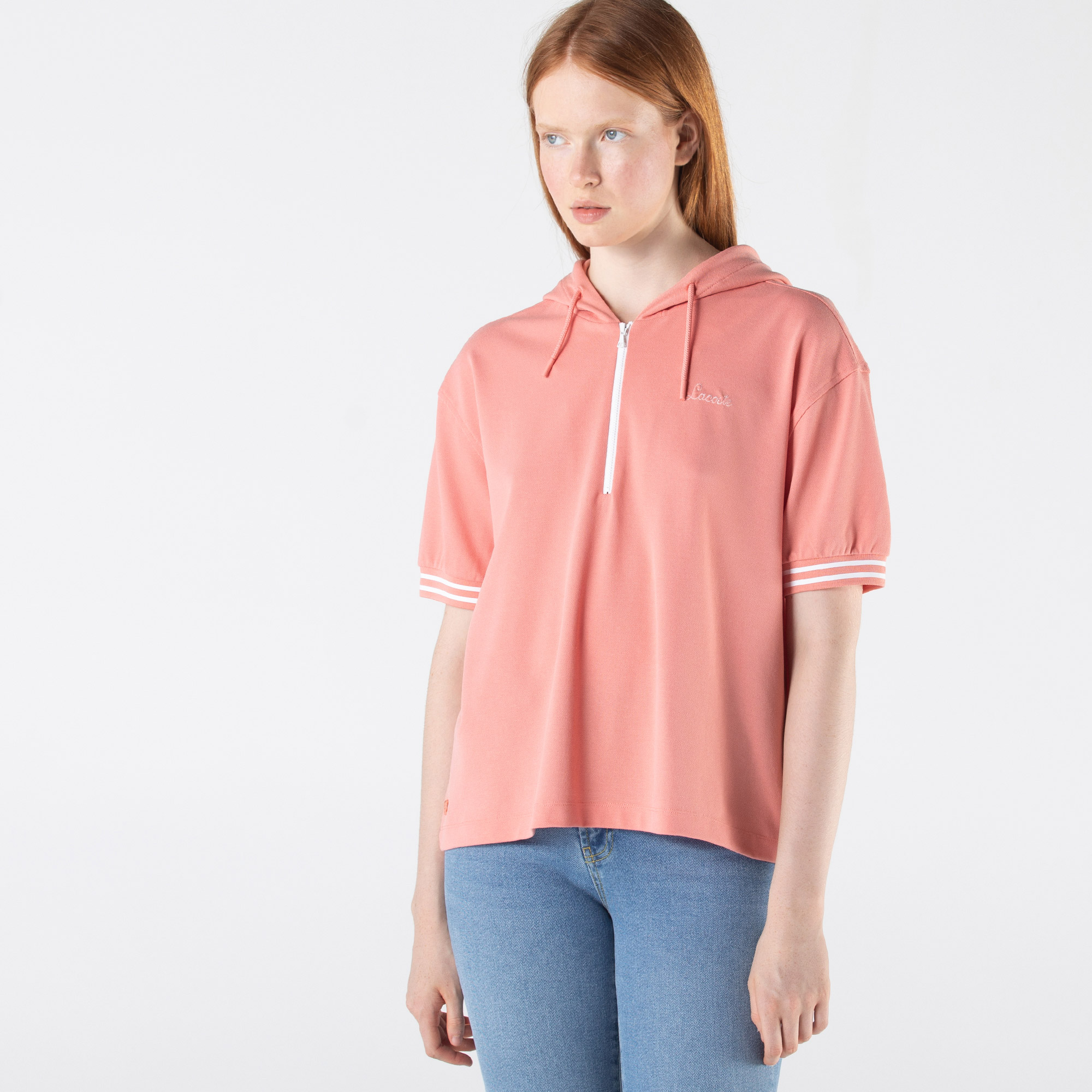 Lacoste Kadın Loose Fit Kısa Kollu Kapüşonlu Pembe Polo