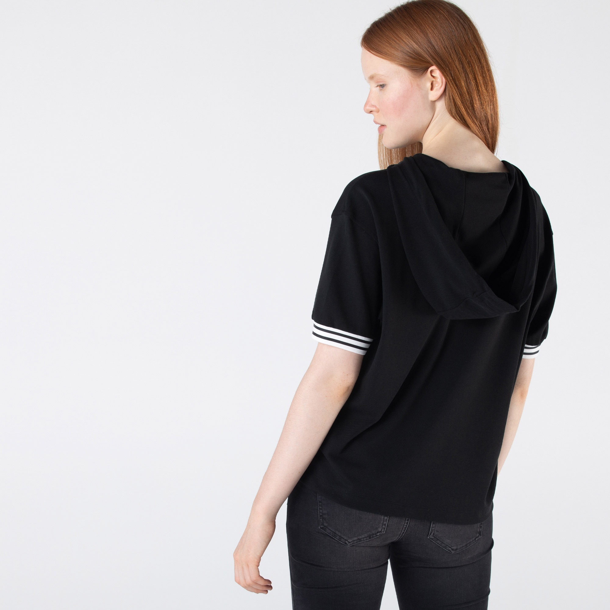 Lacoste Kadın Loose Fit Kısa Kollu Kapüşonlu Siyah Polo