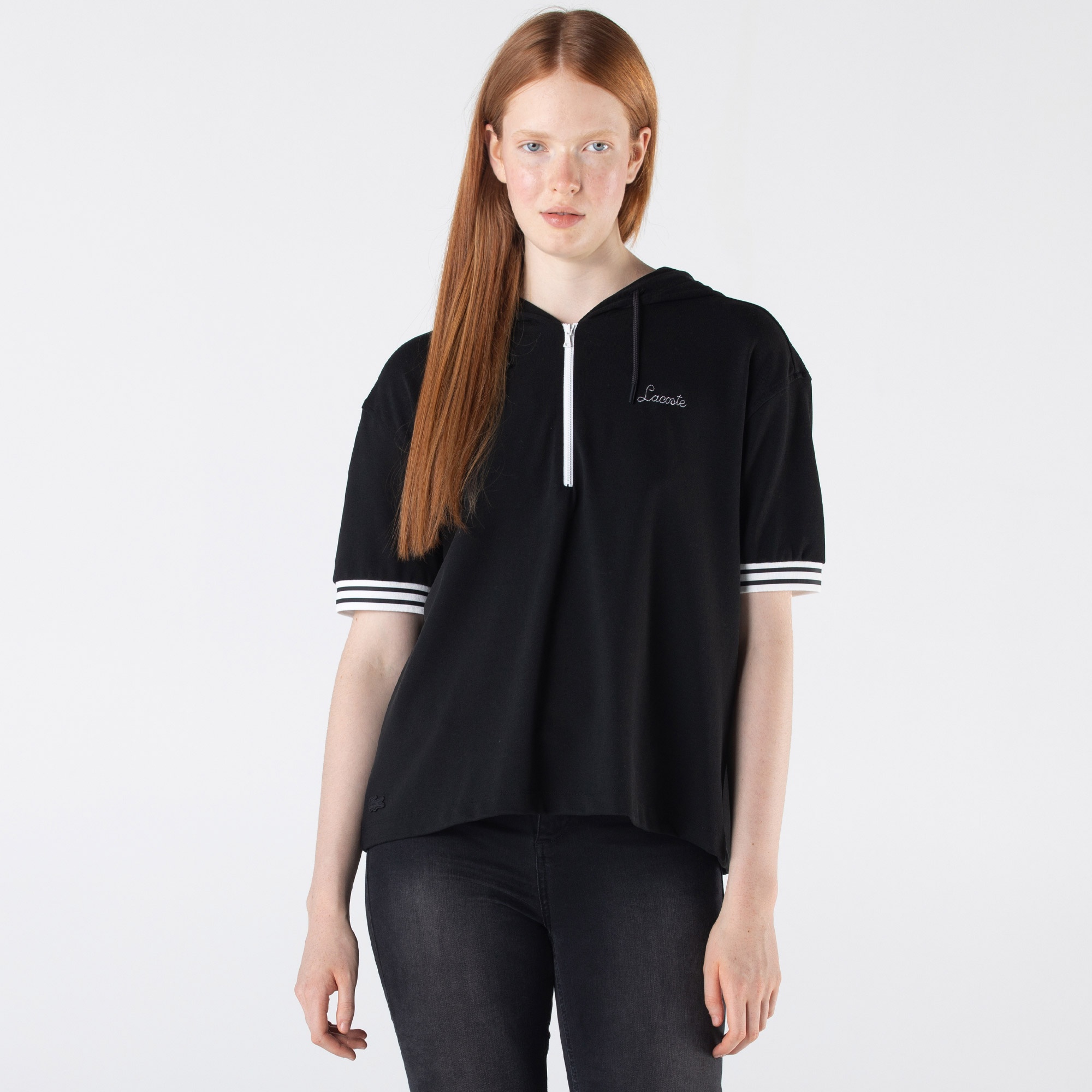 Lacoste Kadın Loose Fit Kısa Kollu Kapüşonlu Siyah Polo